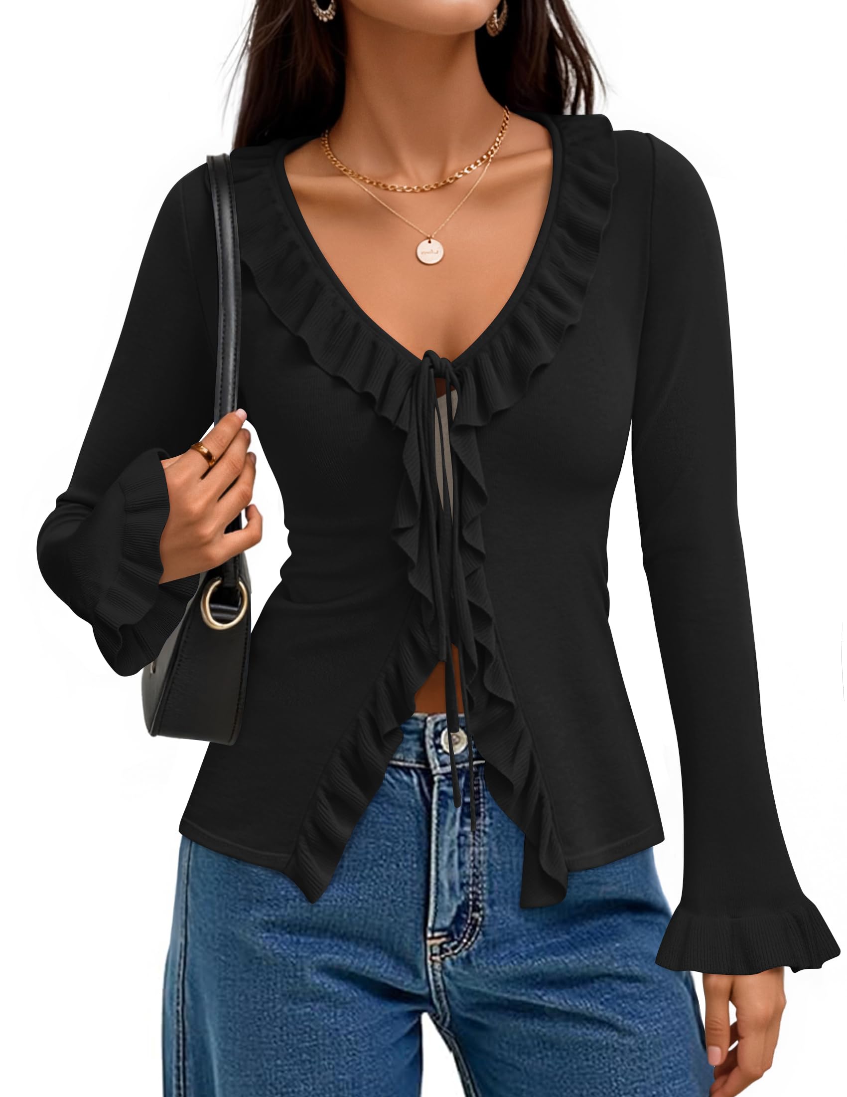 Luxuii Fall Tie Front Bow Bell V Neck Ruffled Knit Cropped Trendy Tops
