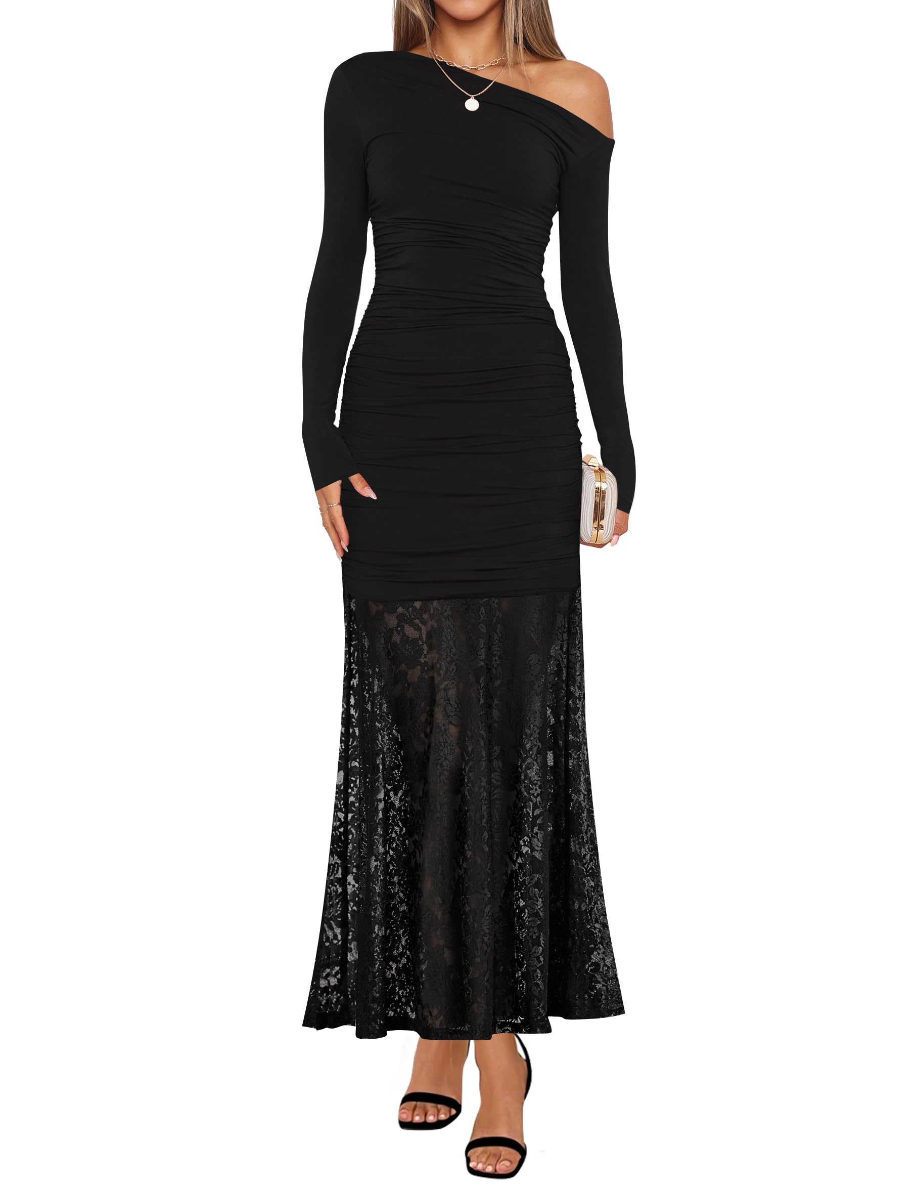 Luxuii Off Shoulder Bodycon Ruched Lace Wedding Guest Cocktail Dress