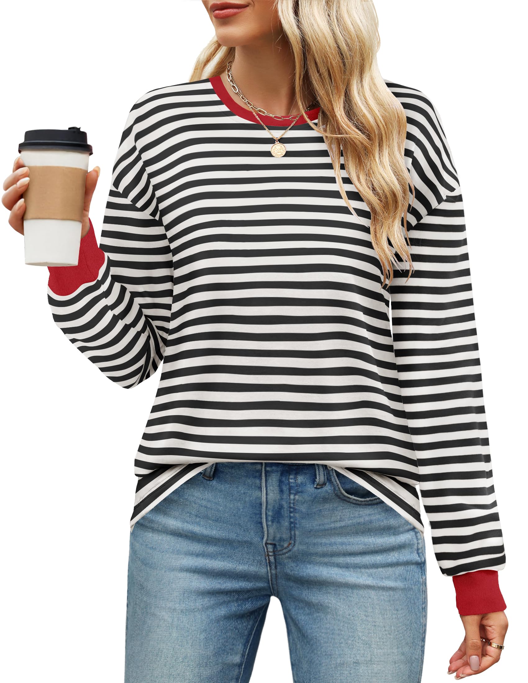 Luxuii Striped Shirts Fall Crewneck Casual Loose Fit Tunic Tops