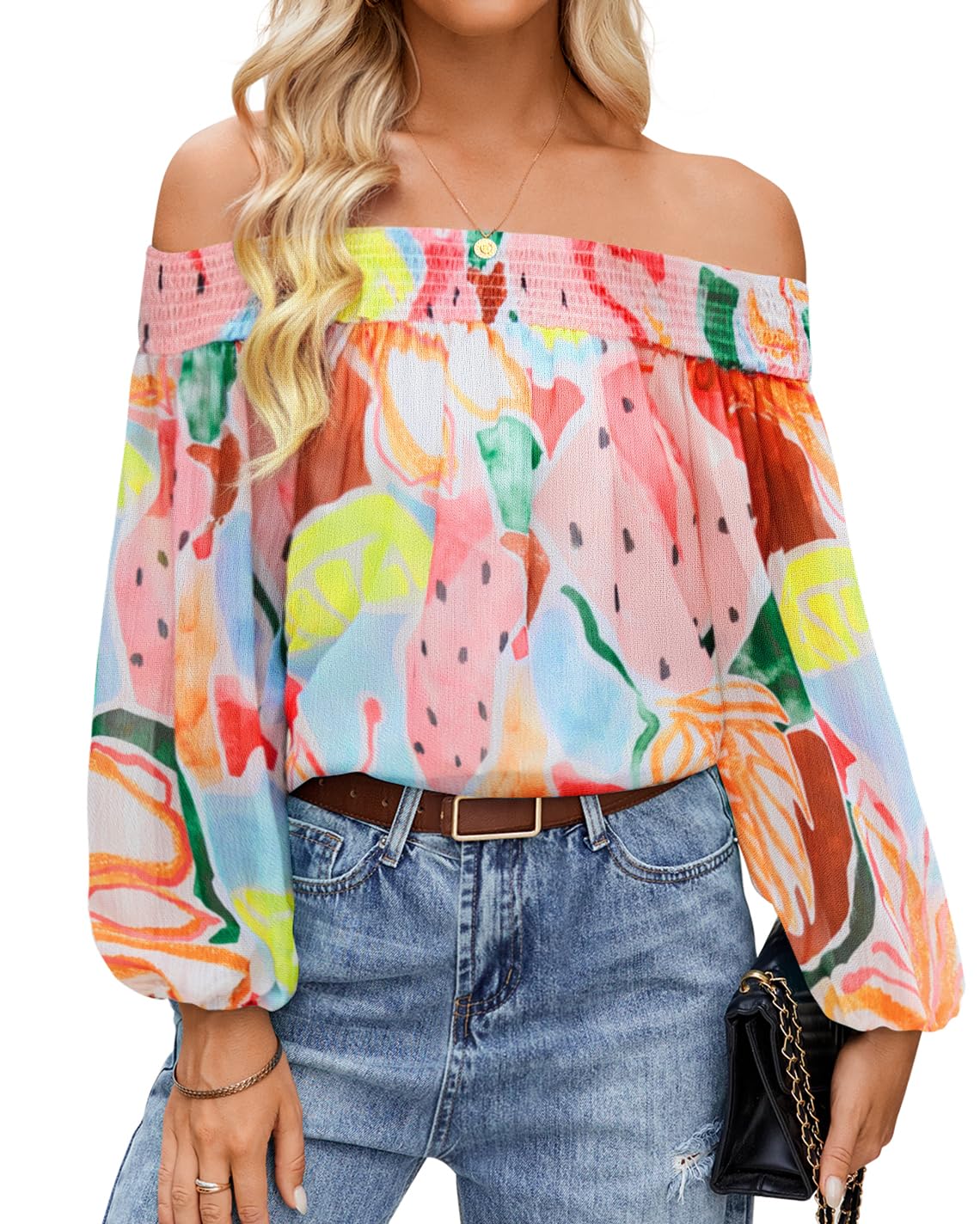 Luxuii Off Shoulder Floral Chiffon Loose Dressy Blouses