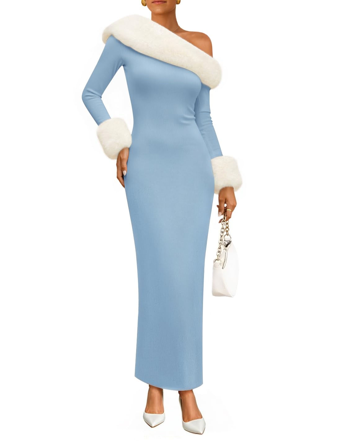 Luxuii Formal Off Shoulder Faux Fur Bodycon Side Slit Maxi Dress