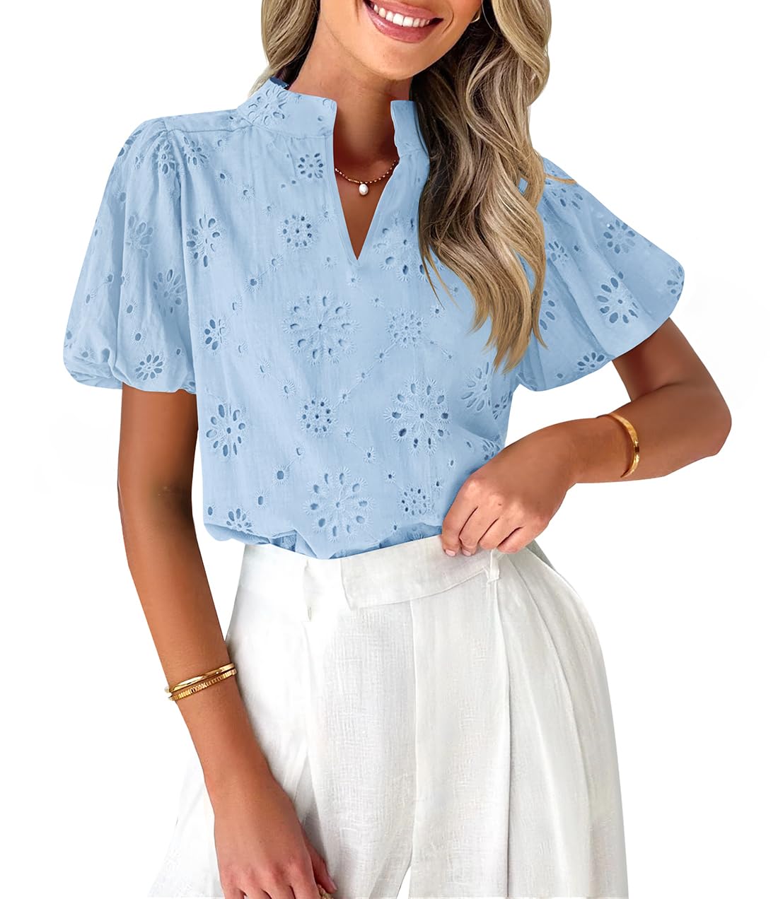 Luxuii V Neck Casual Hollow Out Lace Embroidered Blouse Tops
