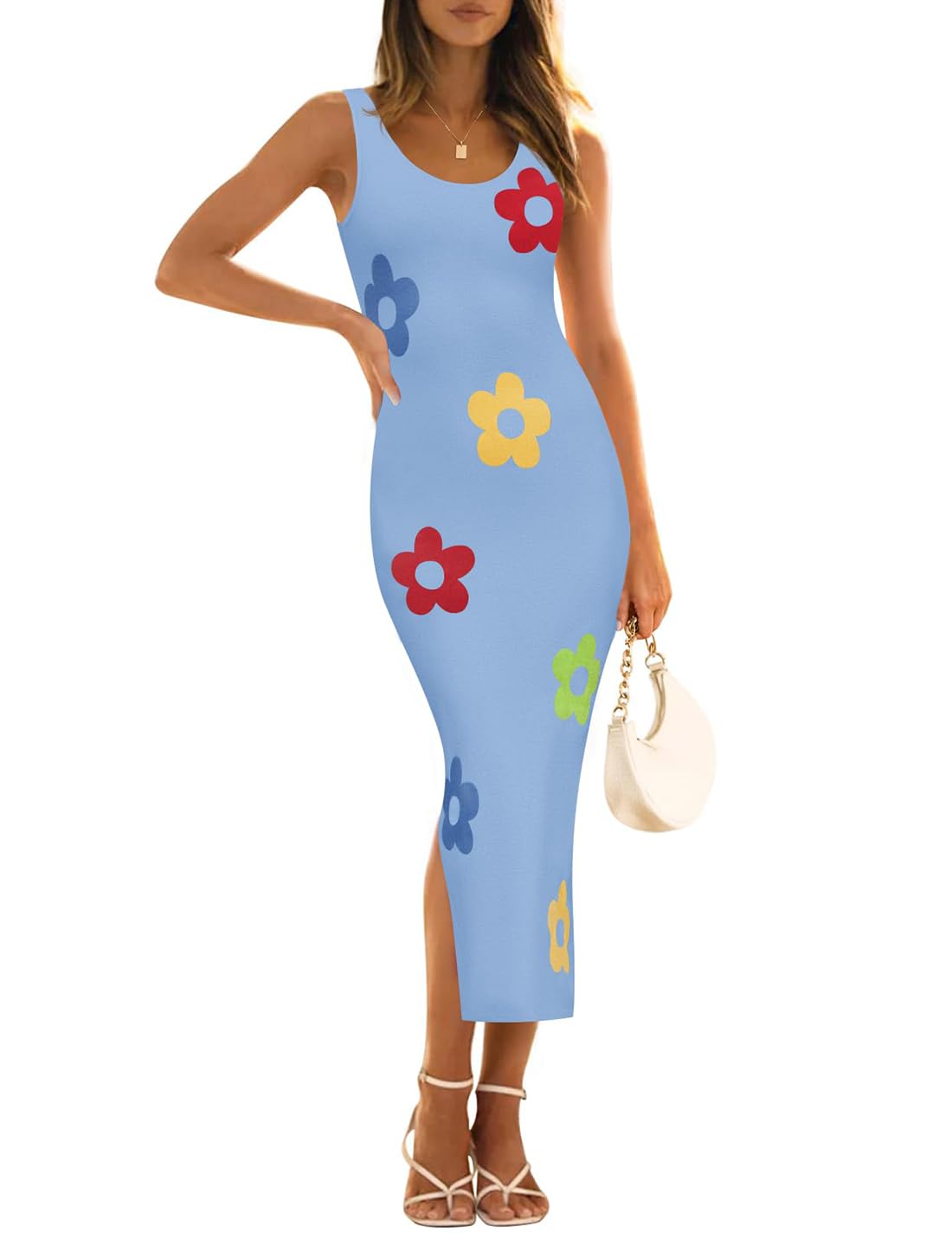 Luxuii Knit Bodycon Sleeveless Floral Crewneck Color Block Dresses