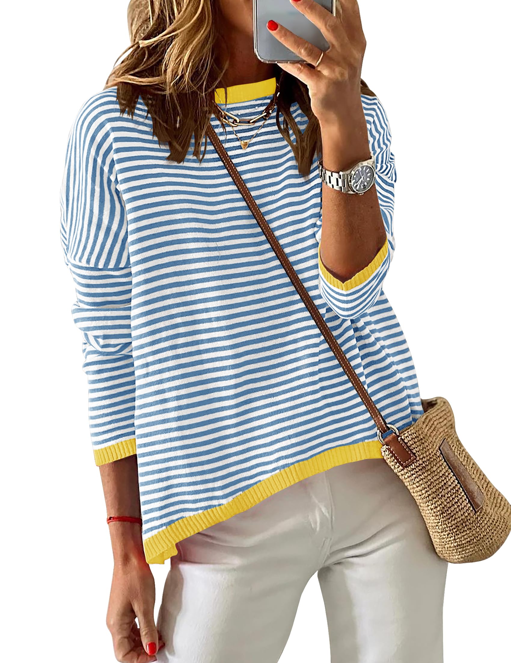 Luxuii Striped Crew Neck Color Block Pullover Tops