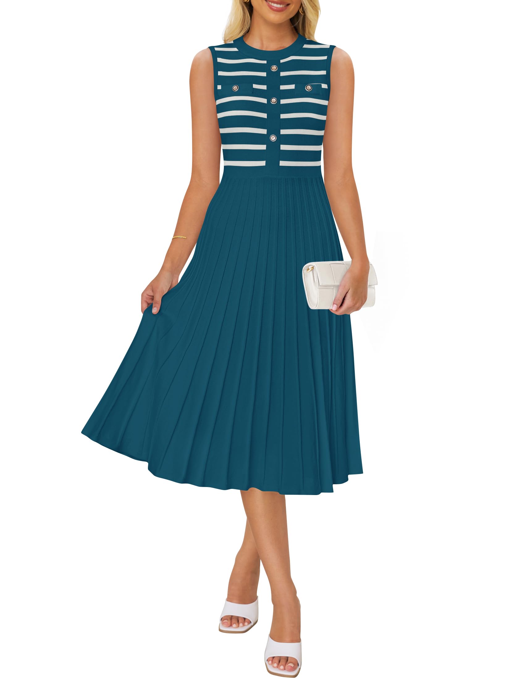 Luxuii Sleeveless Striped Crewneck Button Knit Swing Pleated Midi Dress