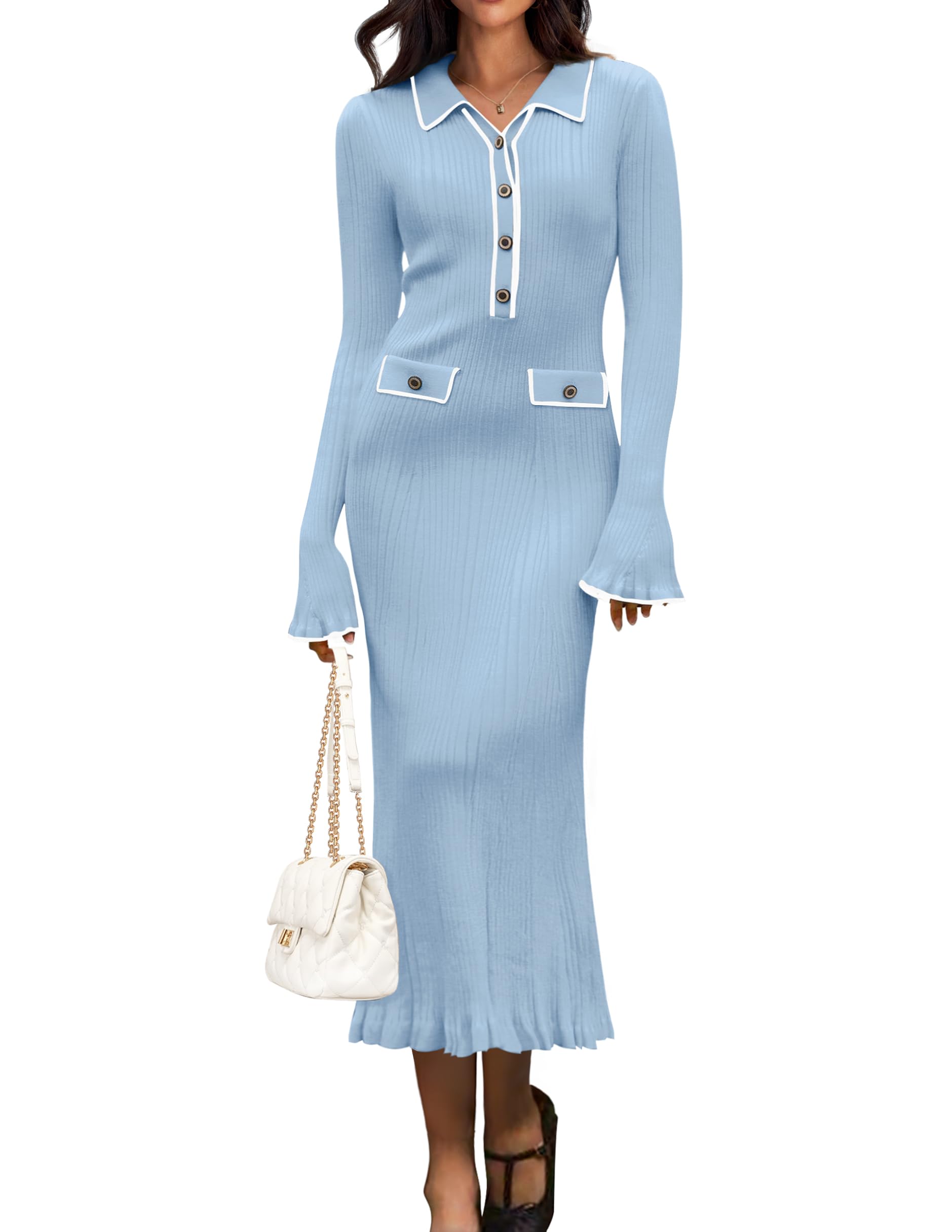 Luxuii Ribbed Button V Neck Elegant Trendy Ruffle Midi Dresses