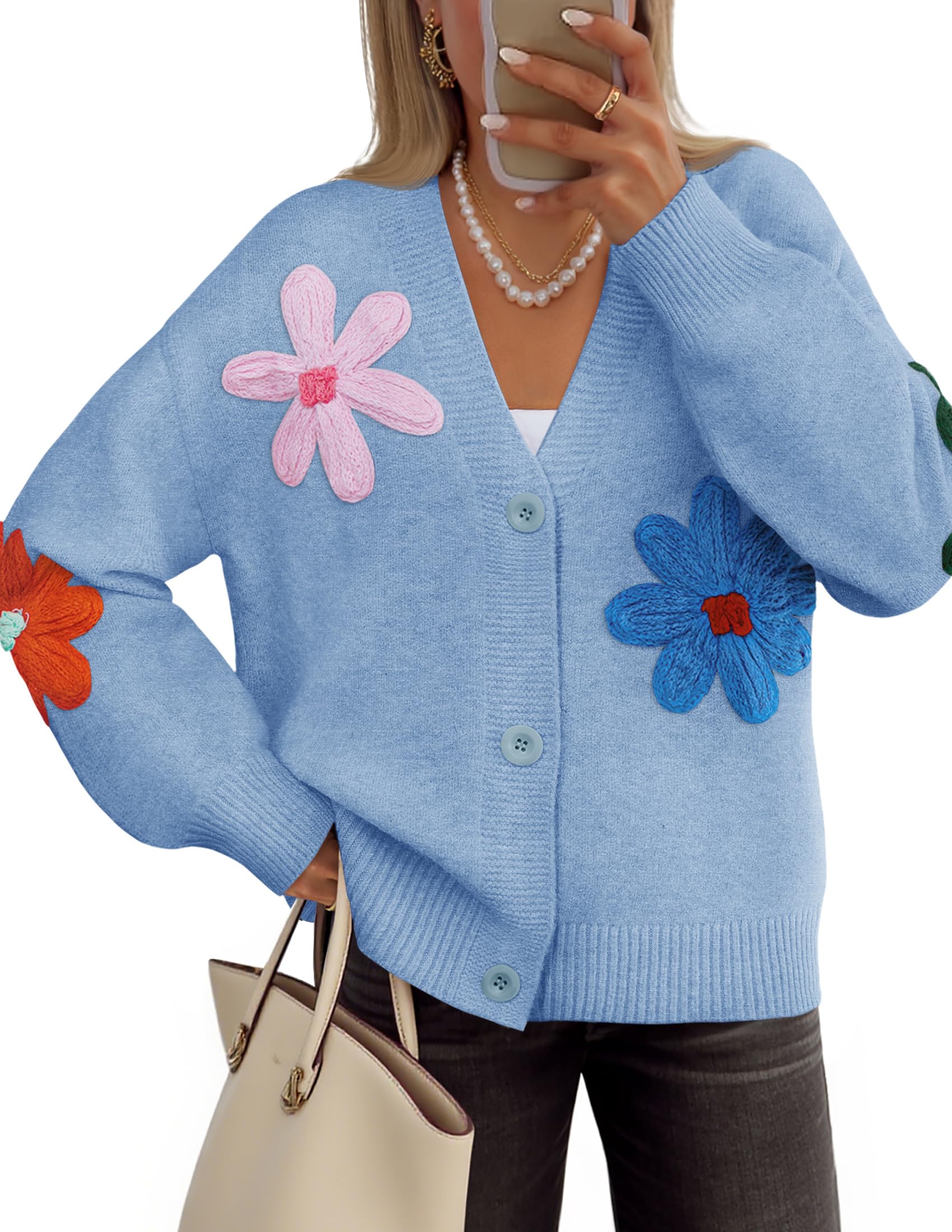 Luxuii Casual Open Front Button Down V Neck Knit Sweater