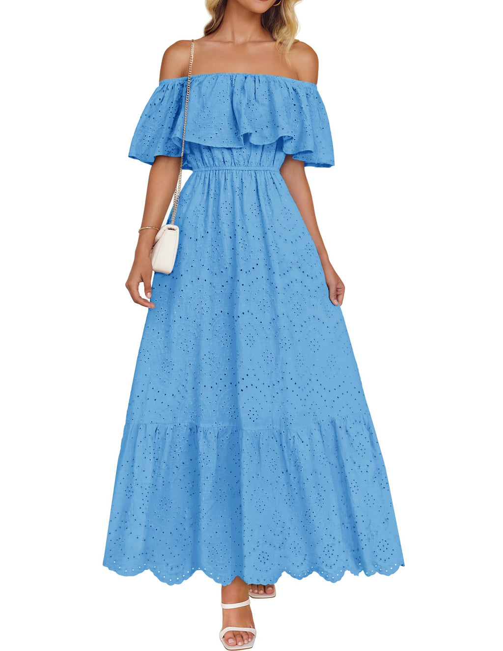 Luxuii Off Shoulder Ruffle Short Sleeve High Waist Hollow Dresses