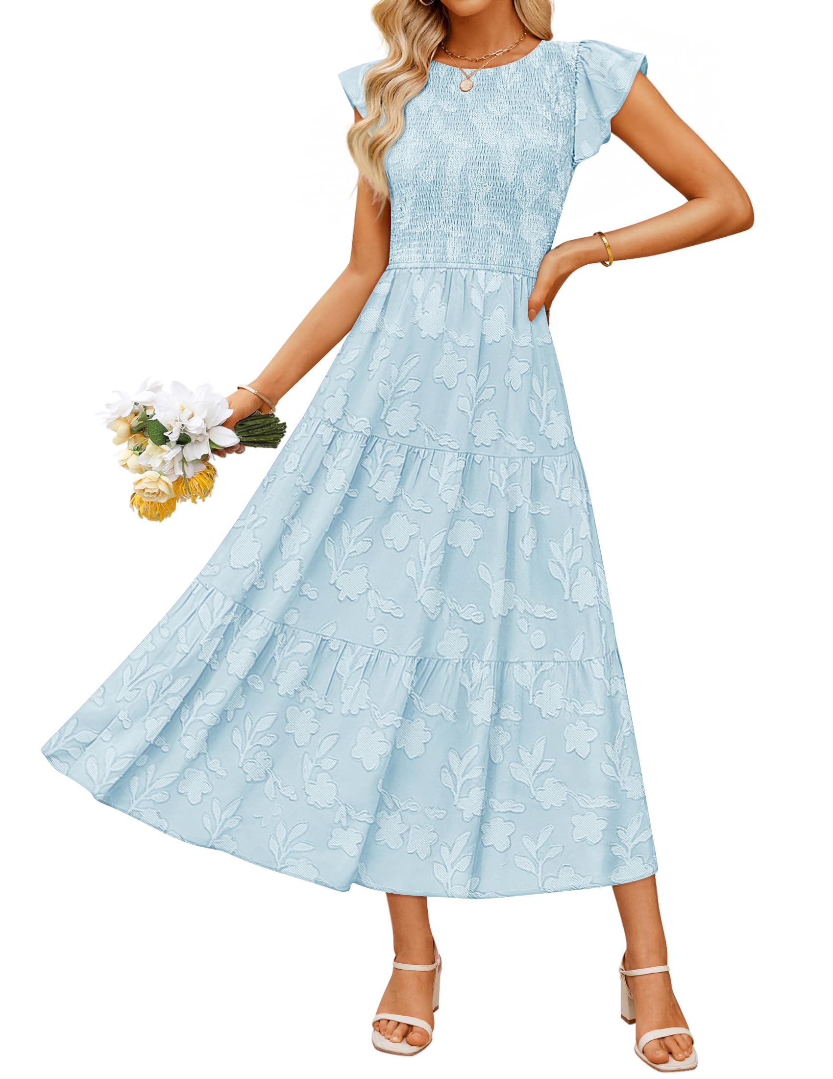 Luxuii Boho Floral Casual Flutter Crewneck Smocked Flowy Beach Long Dresses