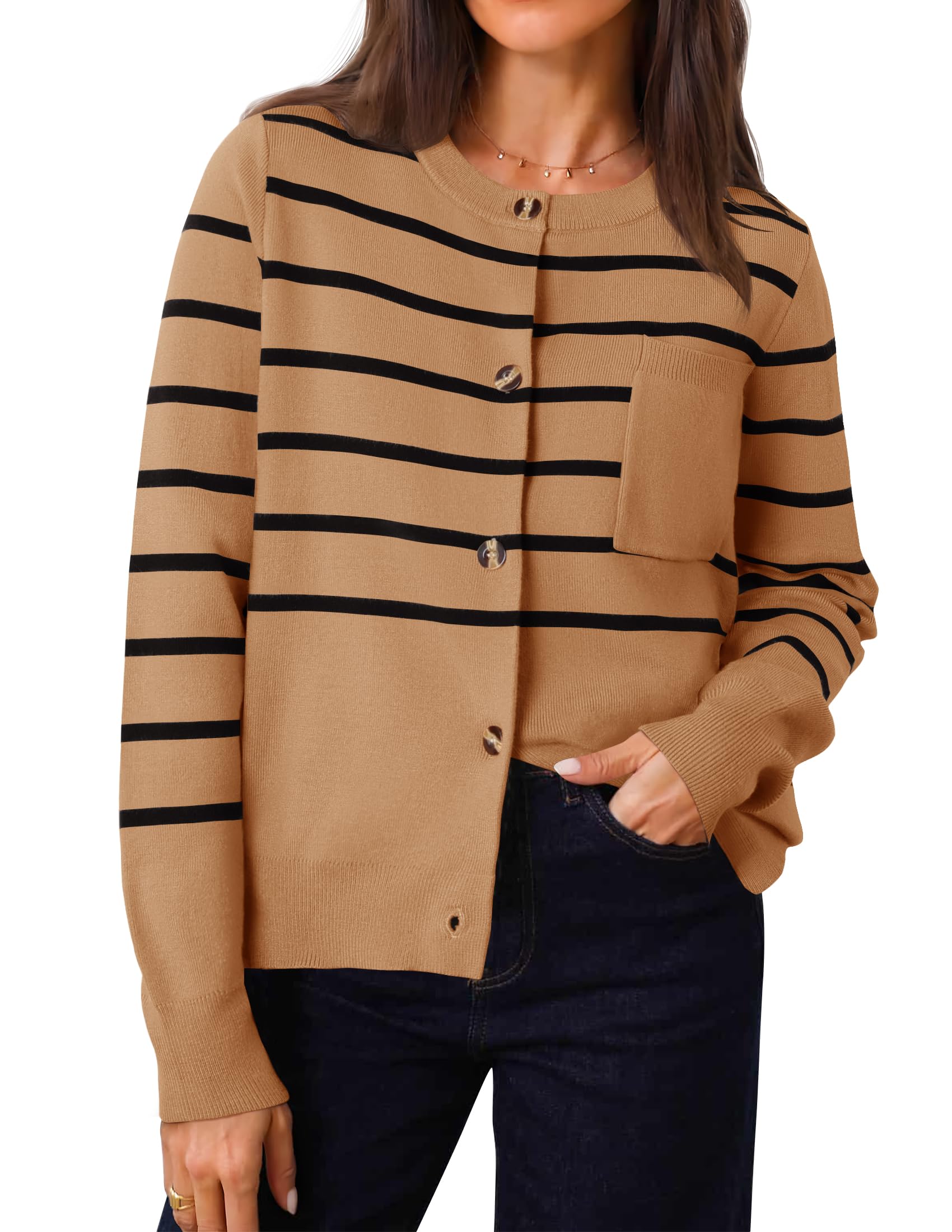 Luxuii Striped Open Front Button Down Knit Outerwear Coat