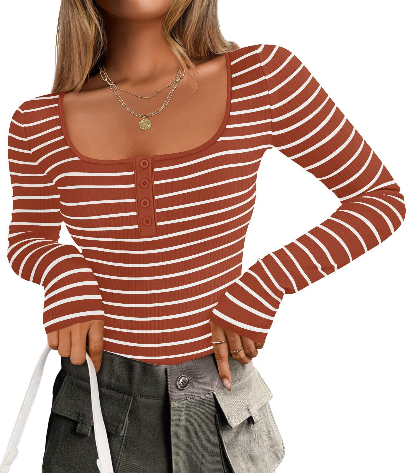 Luxuii Square Neck Striped Slim Fit Basic Henley Tee Tops