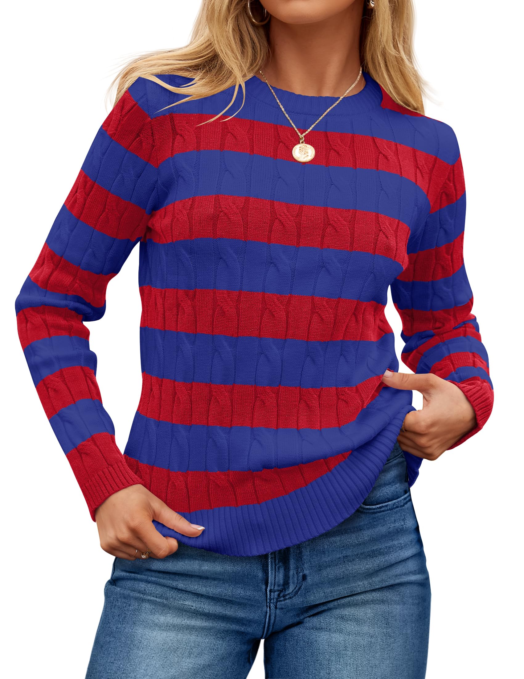 Luxuii Casual Striped Cable Knit Loose Chunky Pullover Sweater