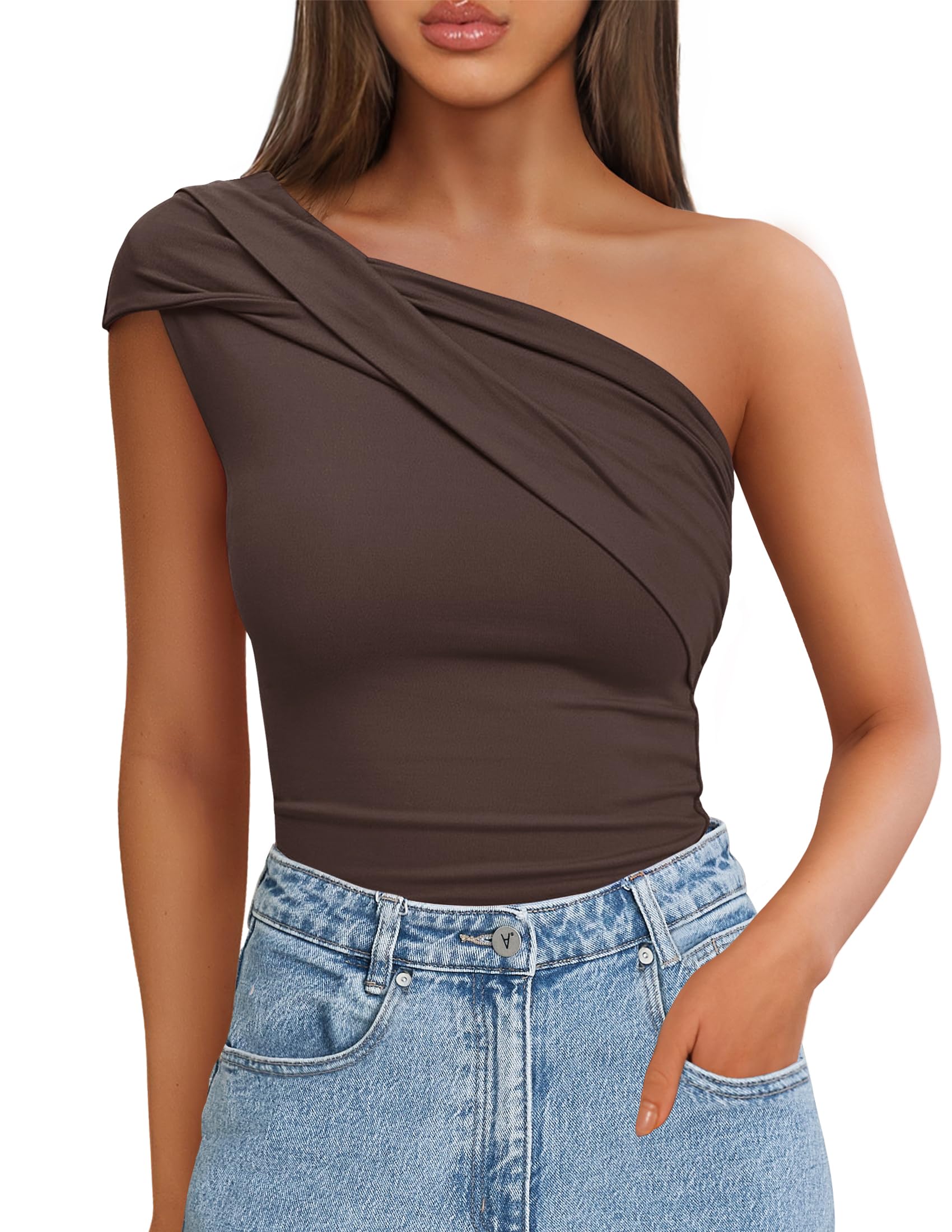 Luxuii One Shoulder Tank Sleeveless Going Out Knit Slim Fit Top