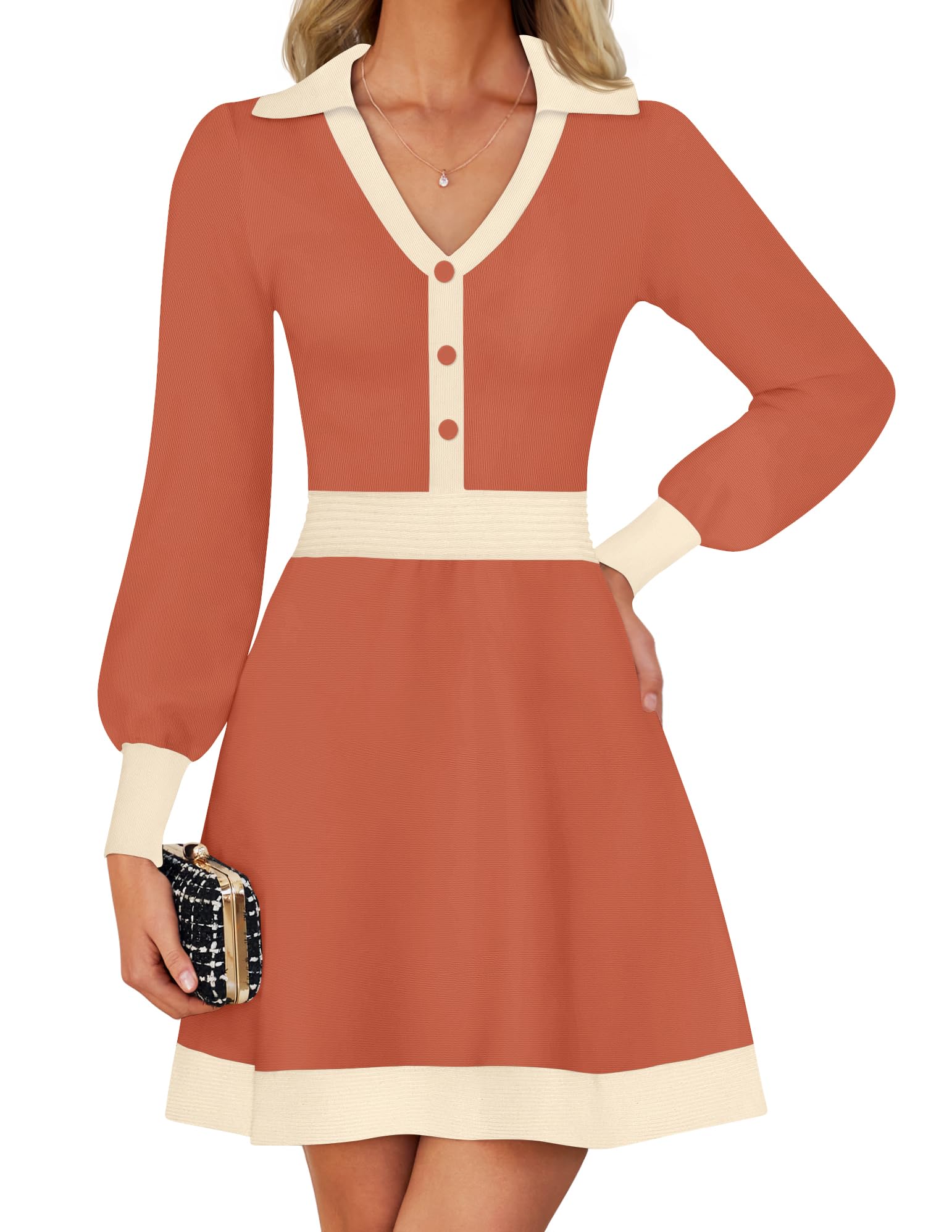 Luxuii V Neck Sweater Dress Collar Ribbed Knit Mini Dresses