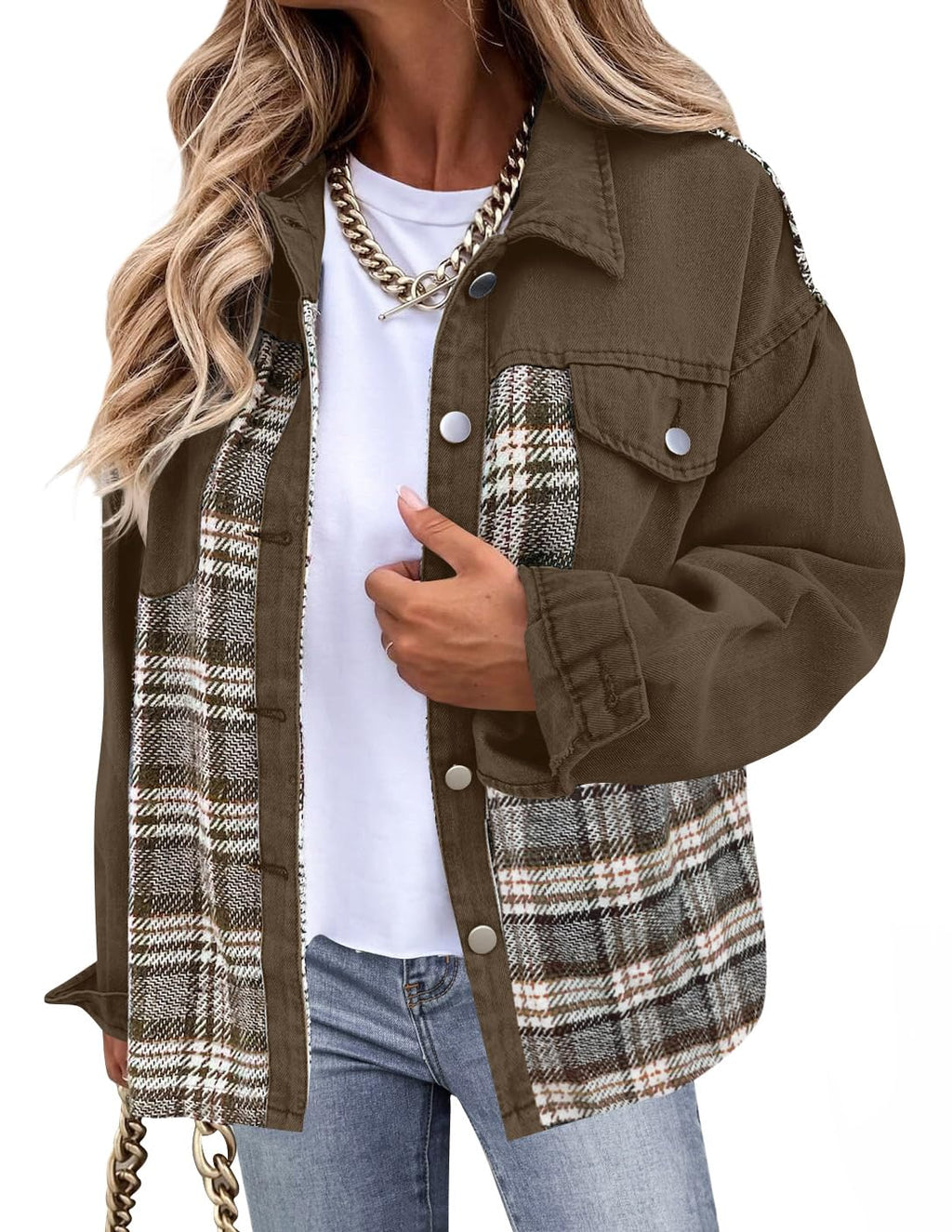 Luxuii Long Sleeve Plaid Button Down Lapel Collar Shacket with Pocket