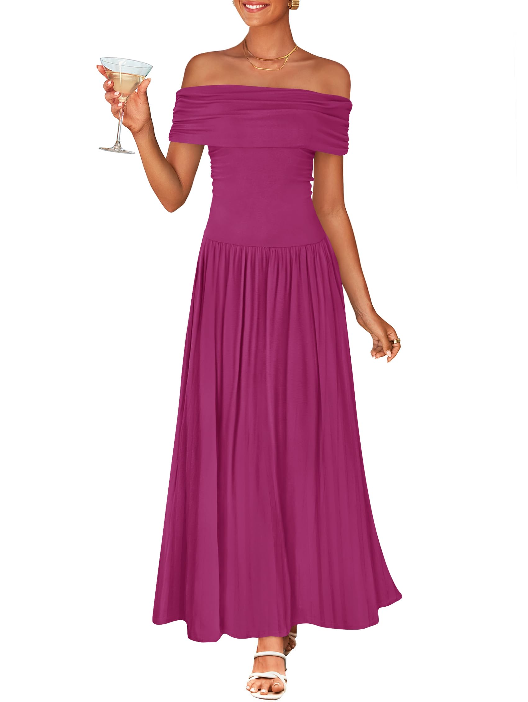 Luxuii Off The Shoulder Sleeveless Casual Slim Swing Pleated Dresses