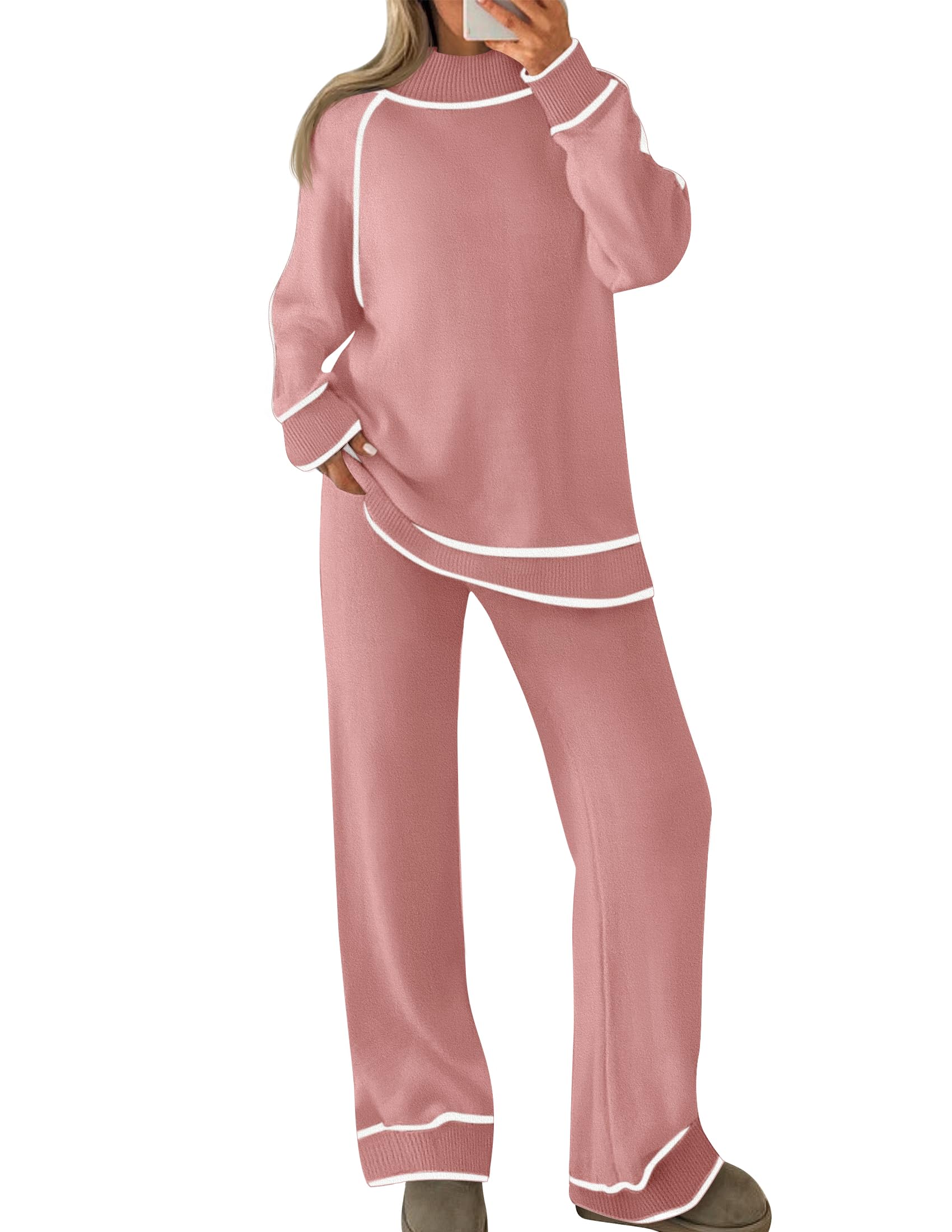 Luxuii Turtleneck Pullover Tops Wide Leg Pants Lounge Sets