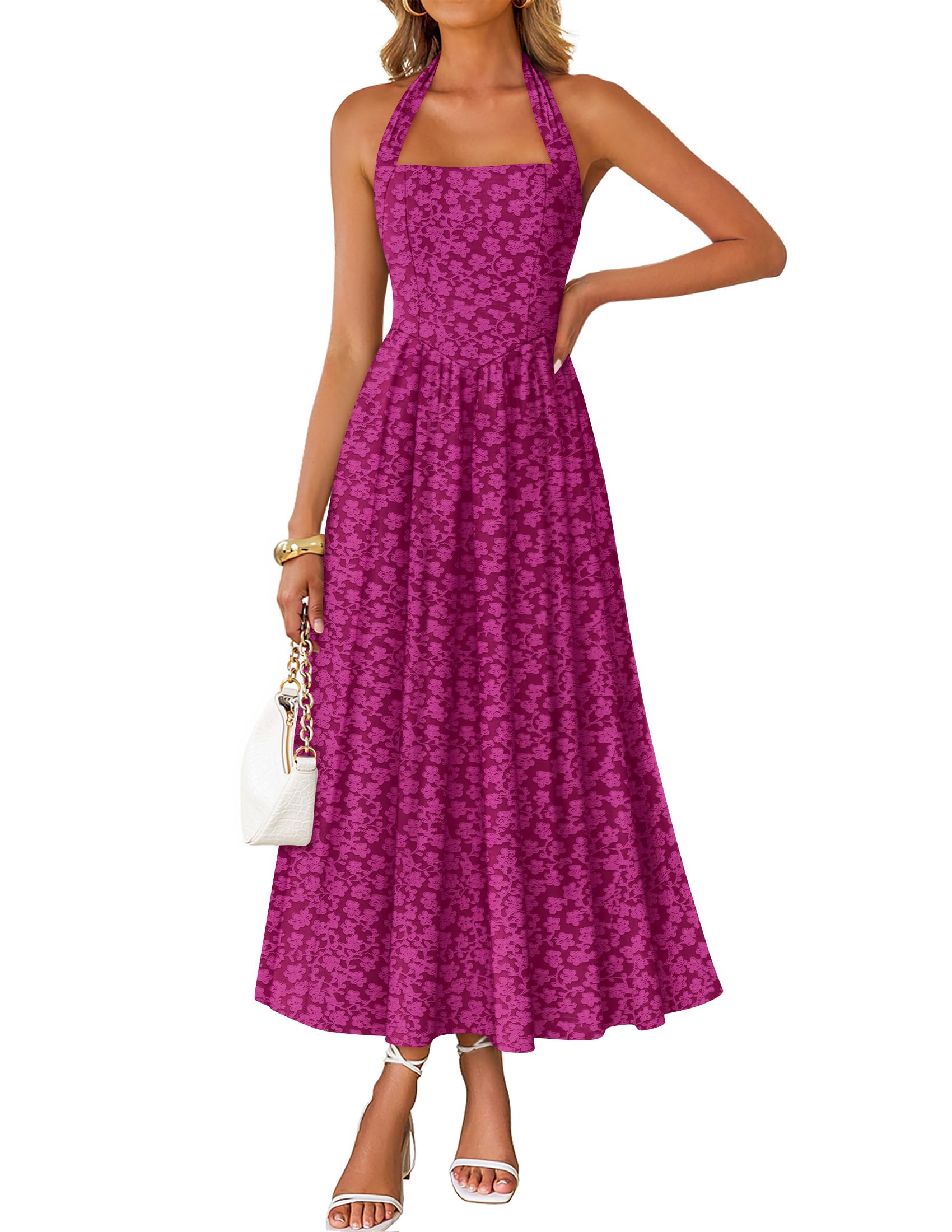 Luxuii Sleeveless Floral Halter Neck Wedding Flowy A Line Long Dress