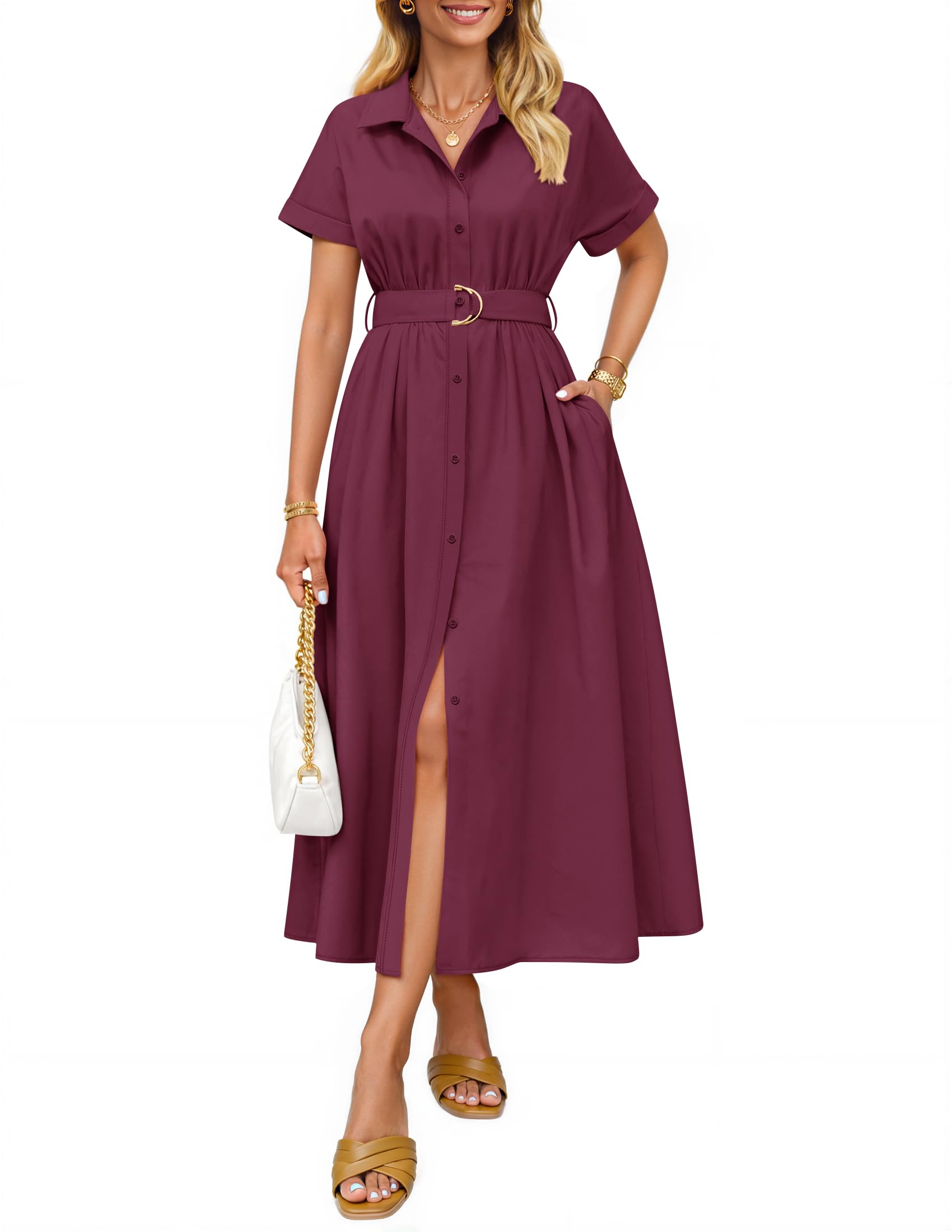 Luxuii Button Down A Line Belt Buiness Casual Shirt Dresses