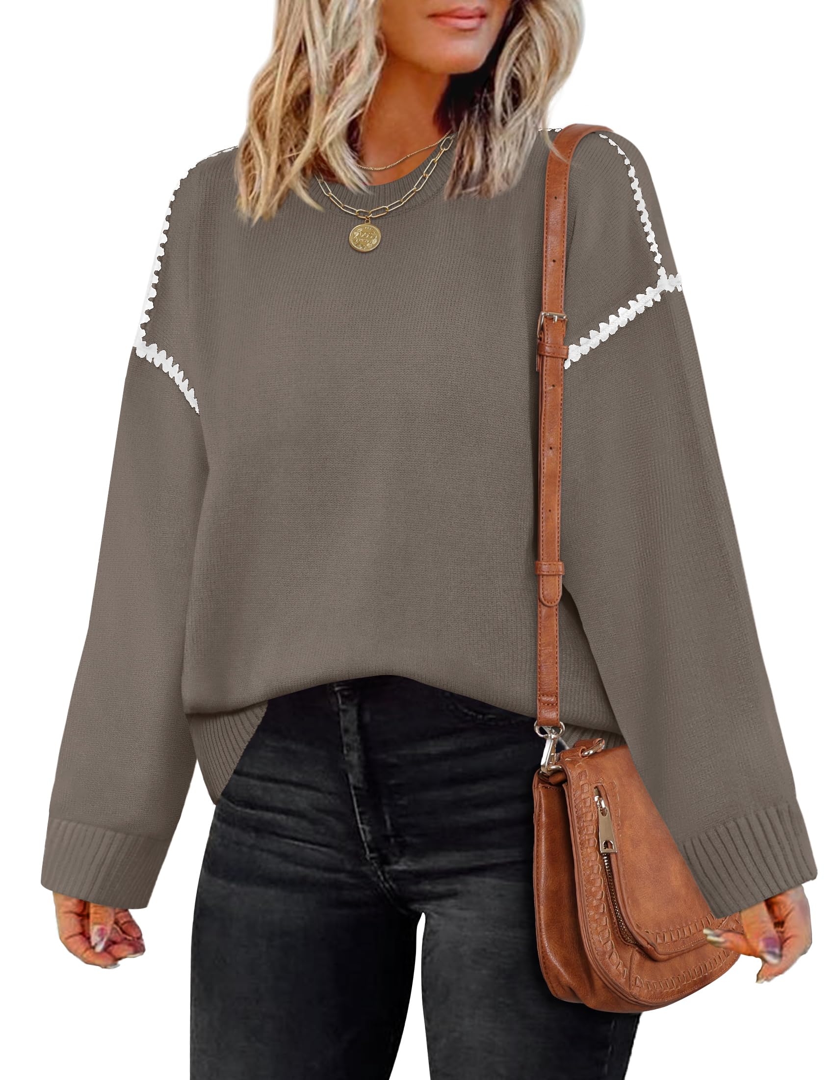 Luxuii Sweaters Crew Neck Loose Fit Ribbed Knit Color Block Soft Pullover Top