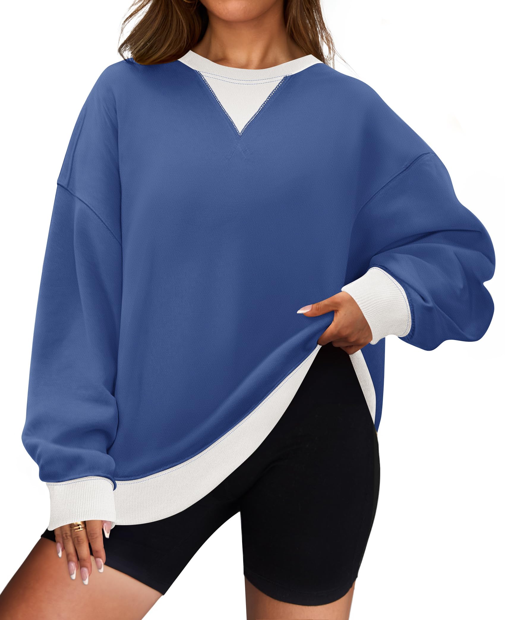 Luxuii Womens Crewneck Color Block Oversized Long Sleeve Pullover Tops Fall Clothes