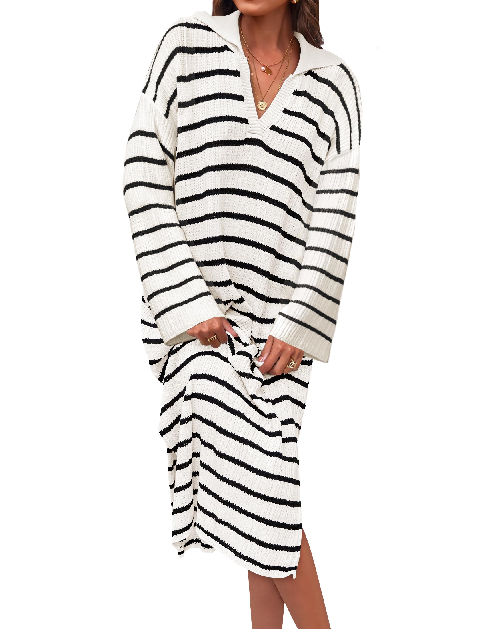 Luxuii Striped Sweater Dresses Lapel V Neck Knit Side Slit Midi Dress