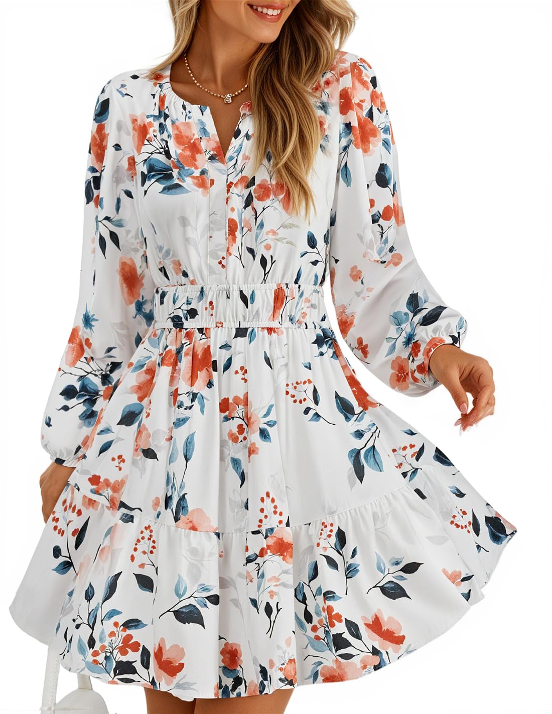 Luxuii Floral V Neck Smocked A Line Flowy Boho Mini Dresses
