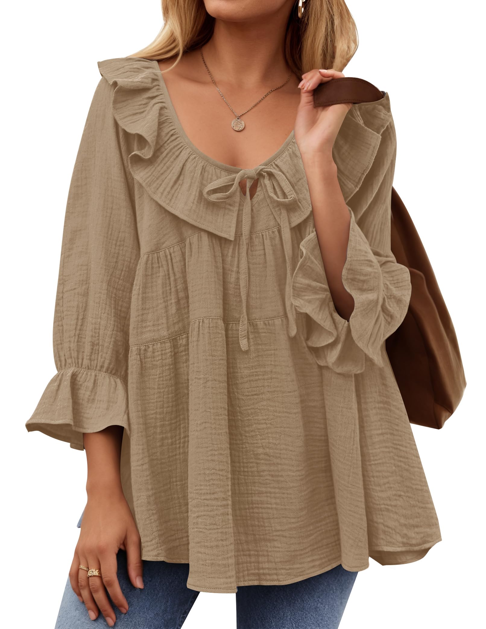 Luxuii Casual Tie Front Ruffle Tiered Loose Tunic Shirts
