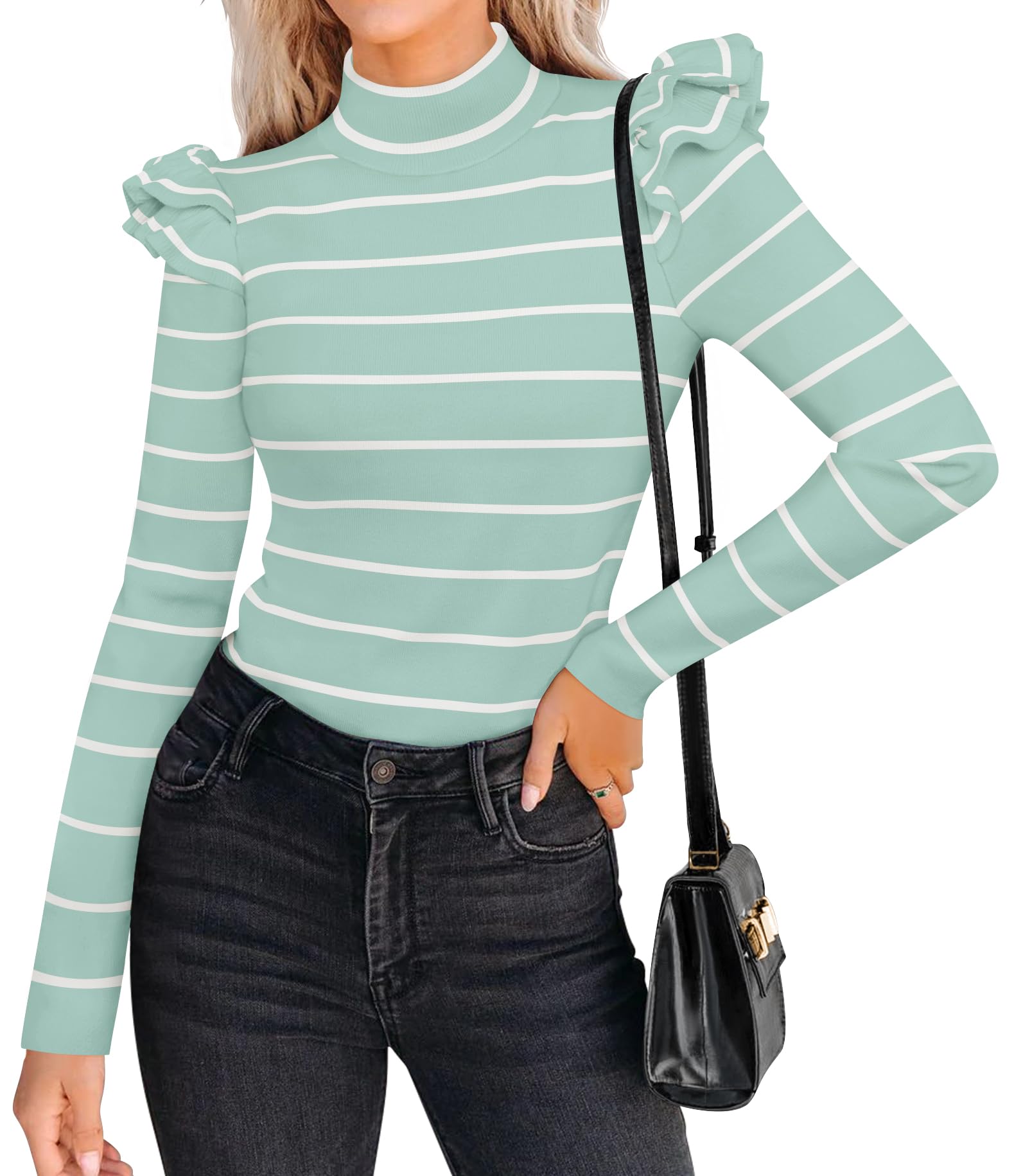 Luxuii Striped Ruffle Turtleneck Ribbed Knit Pullover Tops