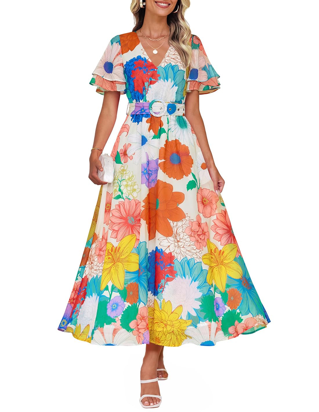 Luxuii Floral Print Short Sleeve V Neck High Waist Flowy Dress