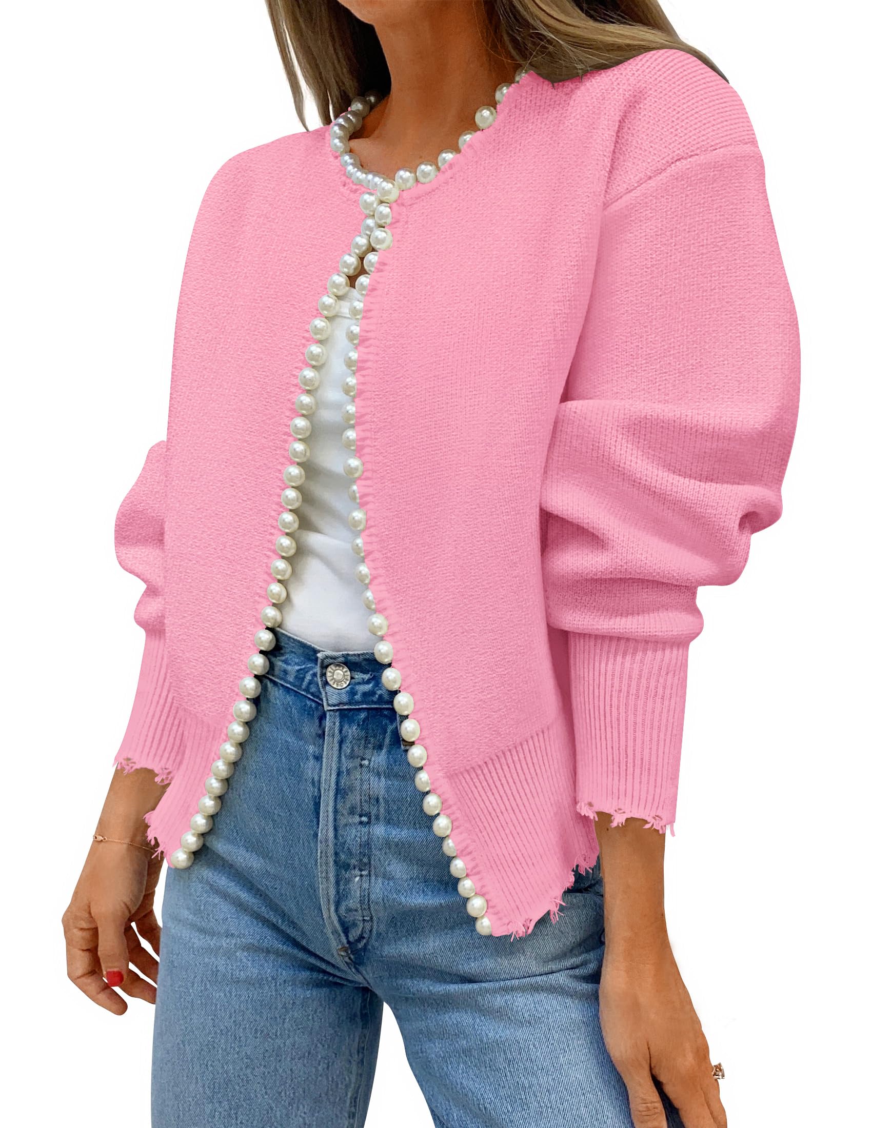 Luxuii Open Front Casual Knitted Long Sleeve Pearls Trim Coat