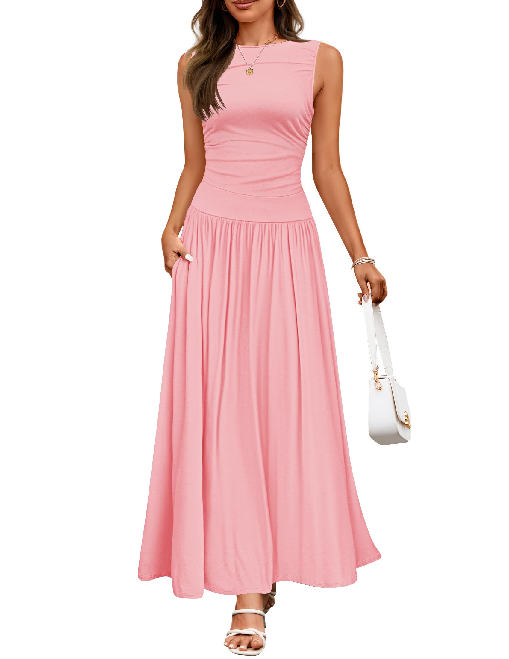 Luxuii Casual Crewneck Pleated Flowy Long Dress with Pockets