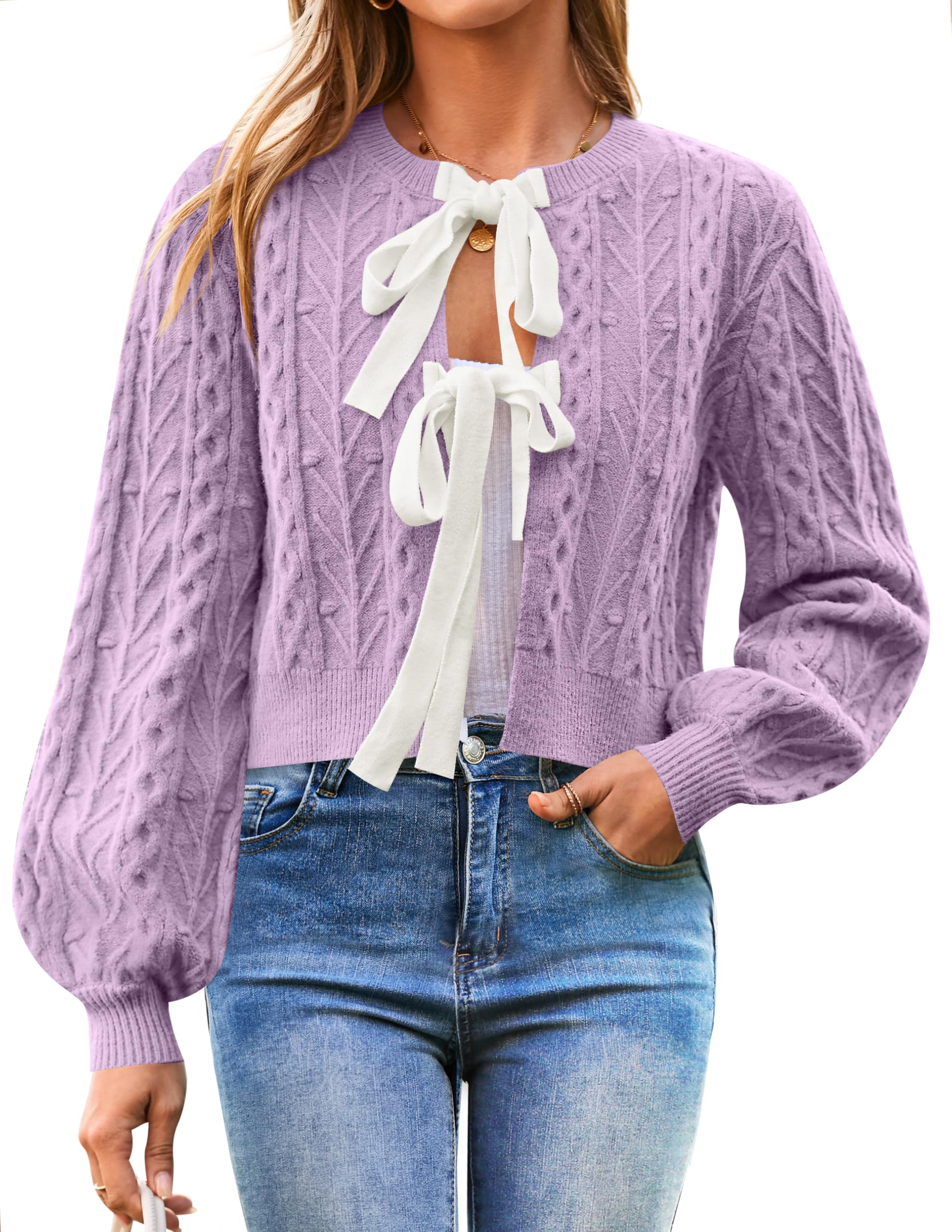 Luxuii Fall Long Sleeve Tie Front Cable Knit Chunky Cropped Outerwear Coat