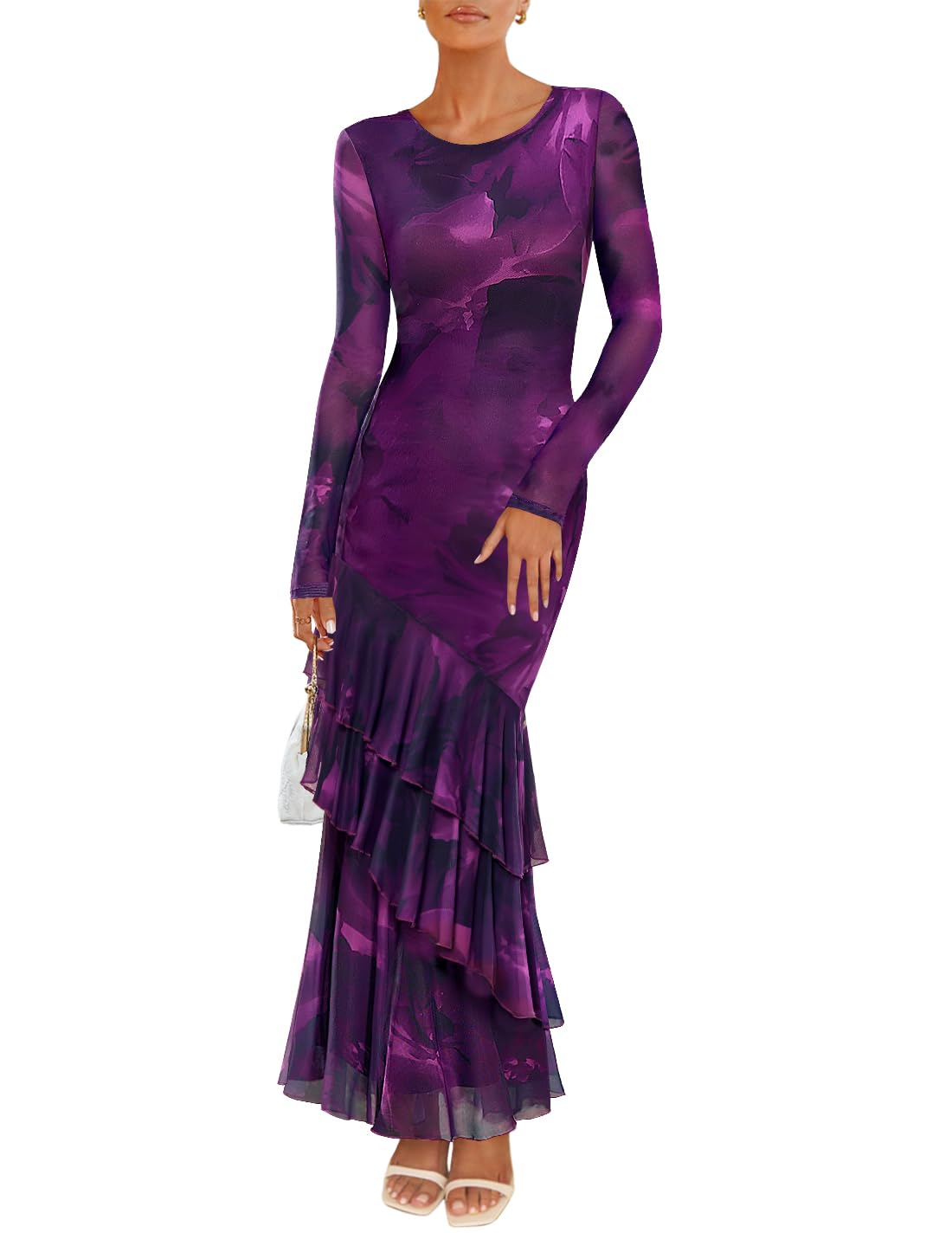 Luxuii Floral Bodycon Boho Long Sleeve Mesh Ruffle Mermaid Dress