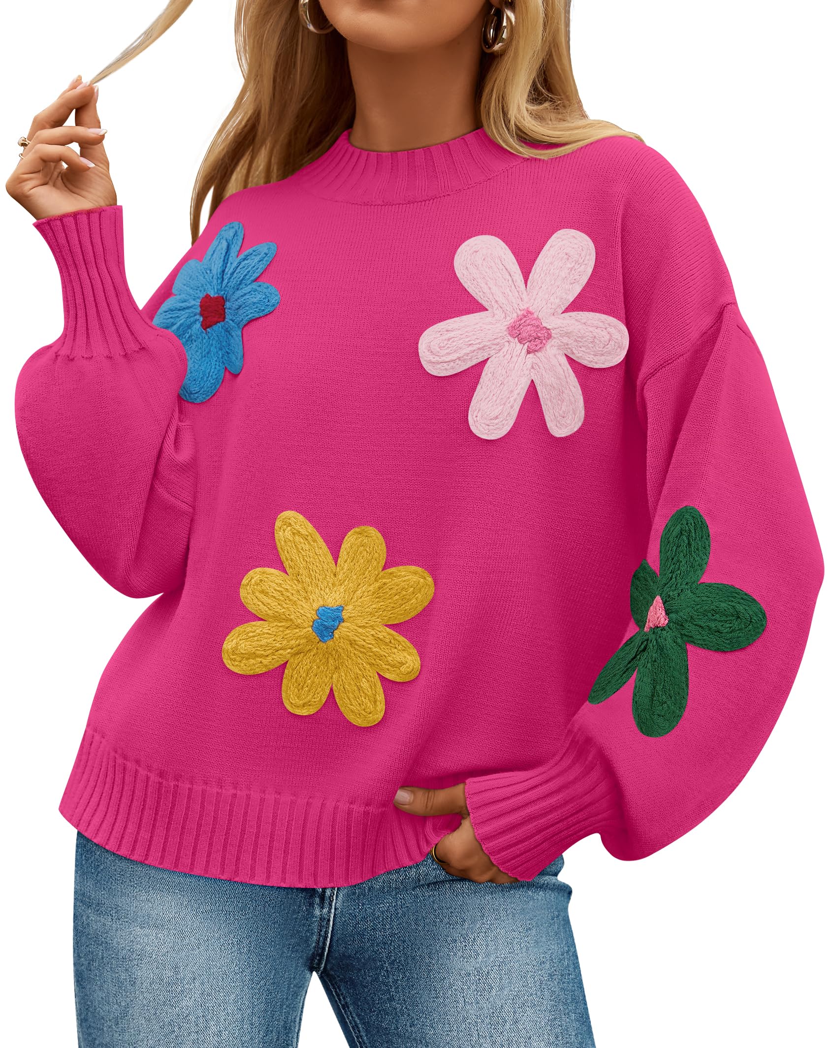 Luxuii Crewneck Ribbed Knit Flower Color Block Loose Pullover Tops