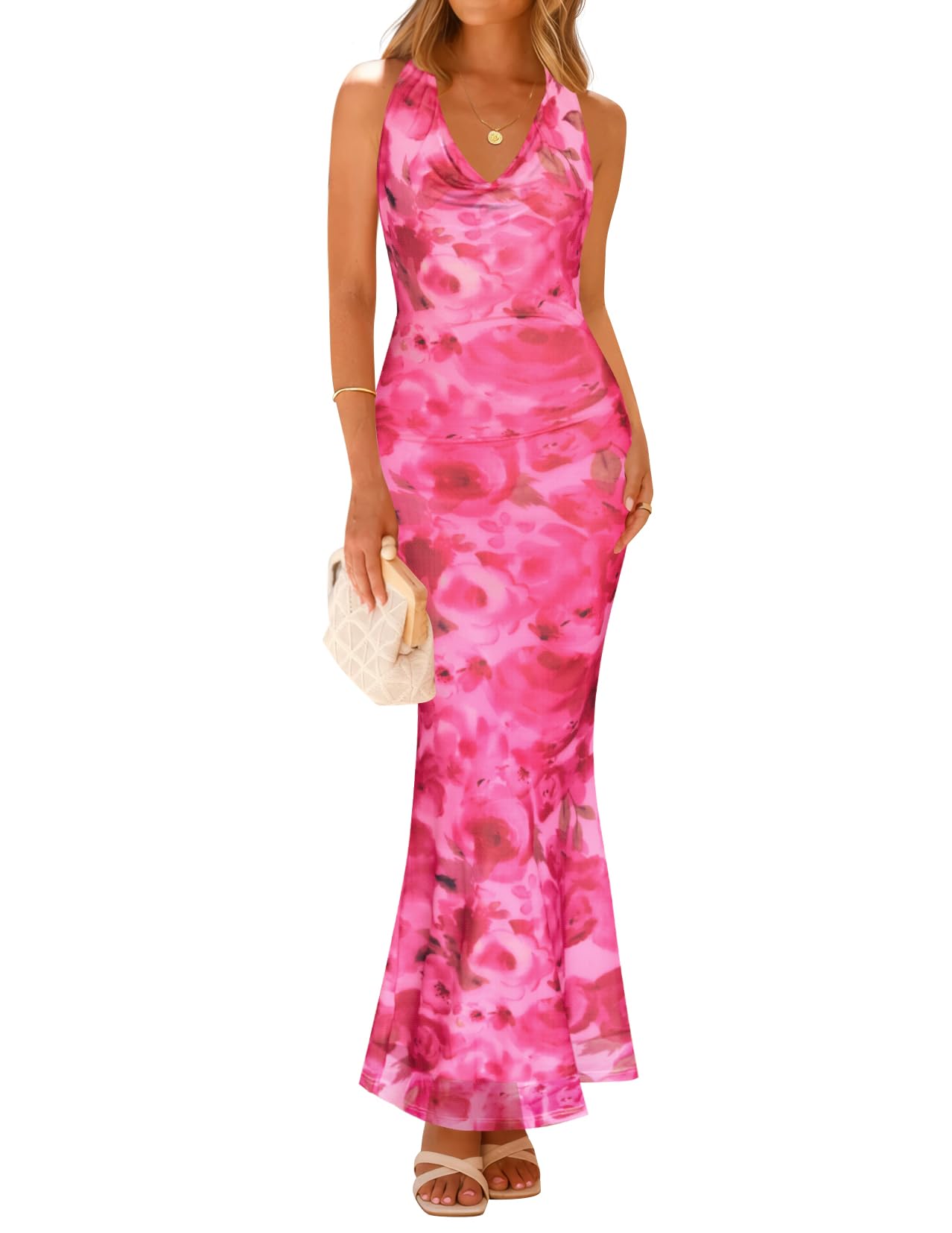 Luxuii Halter Neck Floral Print Sleeveless Backless Wedding Dresses