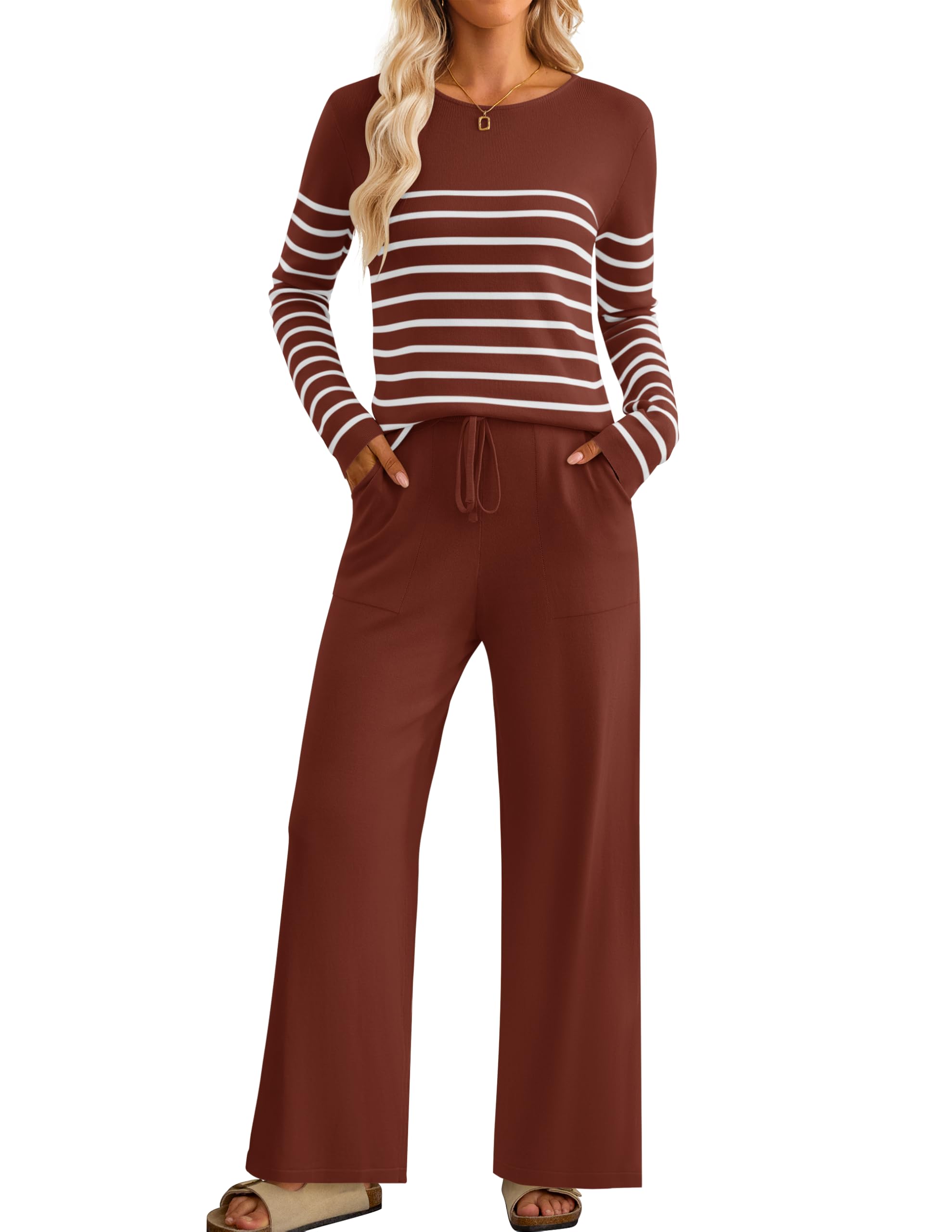 Luxuii Striped Knit Fitted Tops Wide Leg Pants Pajama Sets