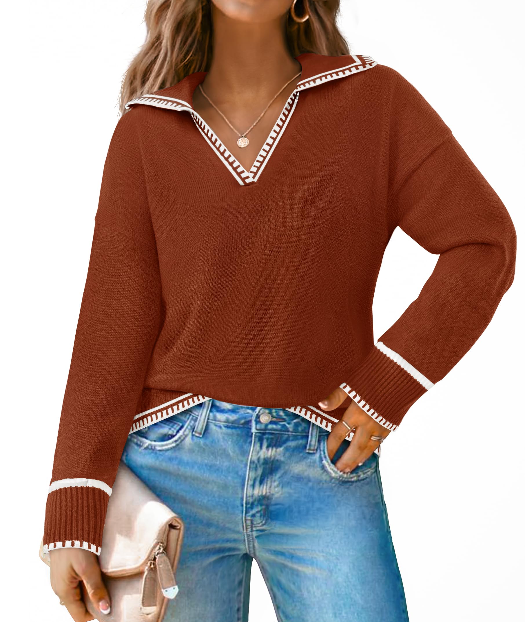 Luxuii V Neck Sweaters Collar Knit Pullover Jumper Tops