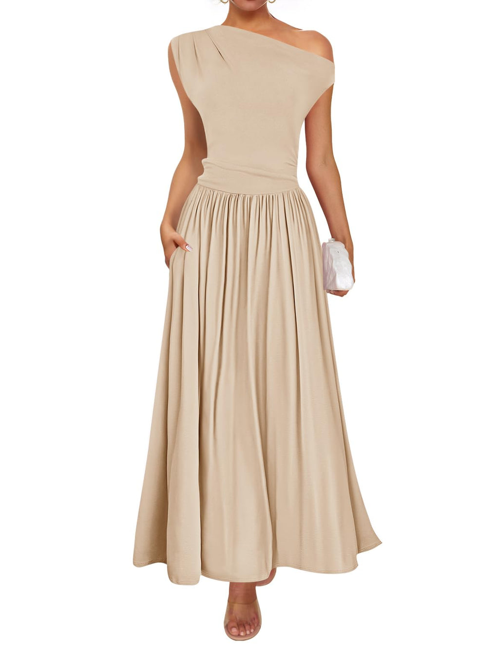 Luxuii Sleeveless One Shoulder Casual Slim Swing Pleated Dresses