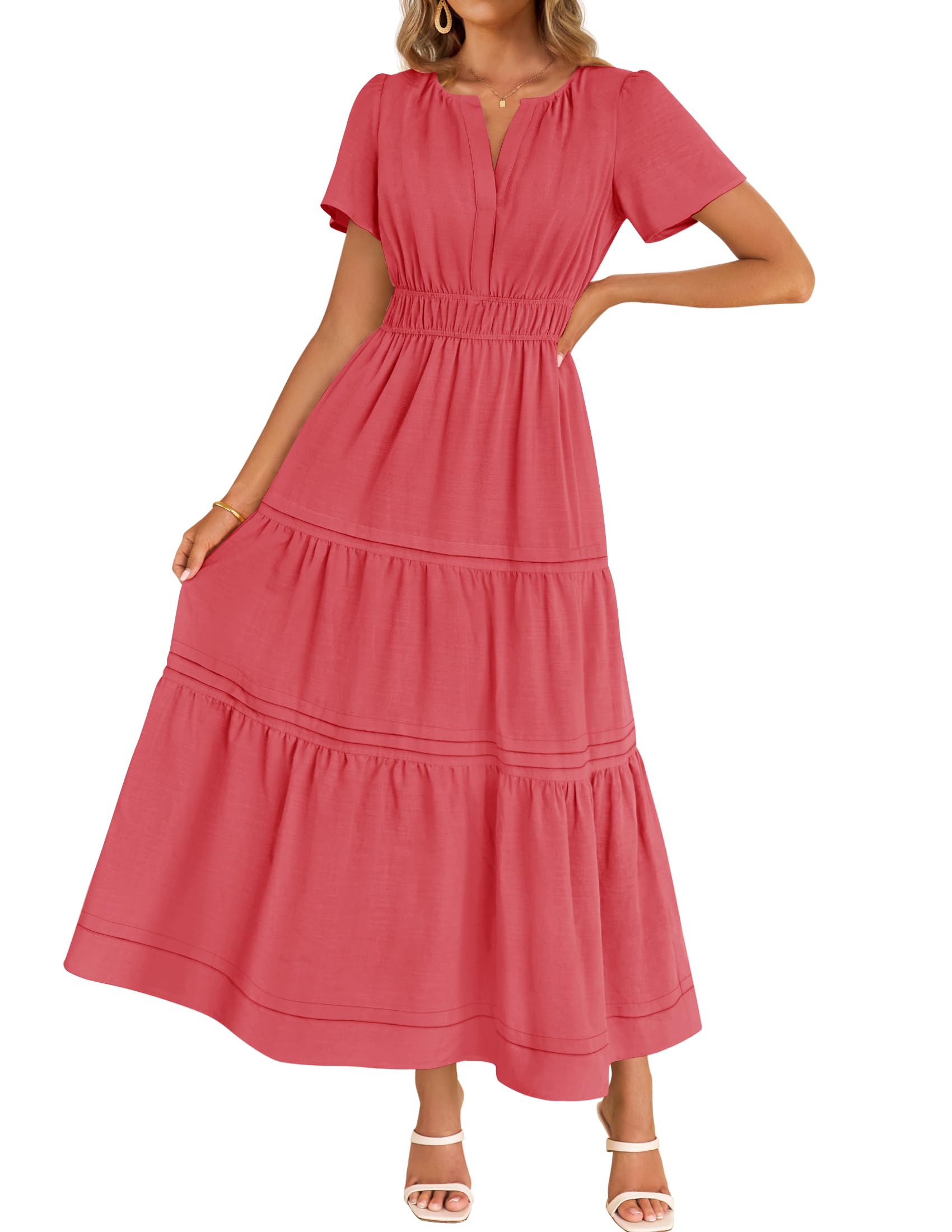 Luxuii Short Sleeve V Neck Elastic Waist Tiered Flowy Boho Dress