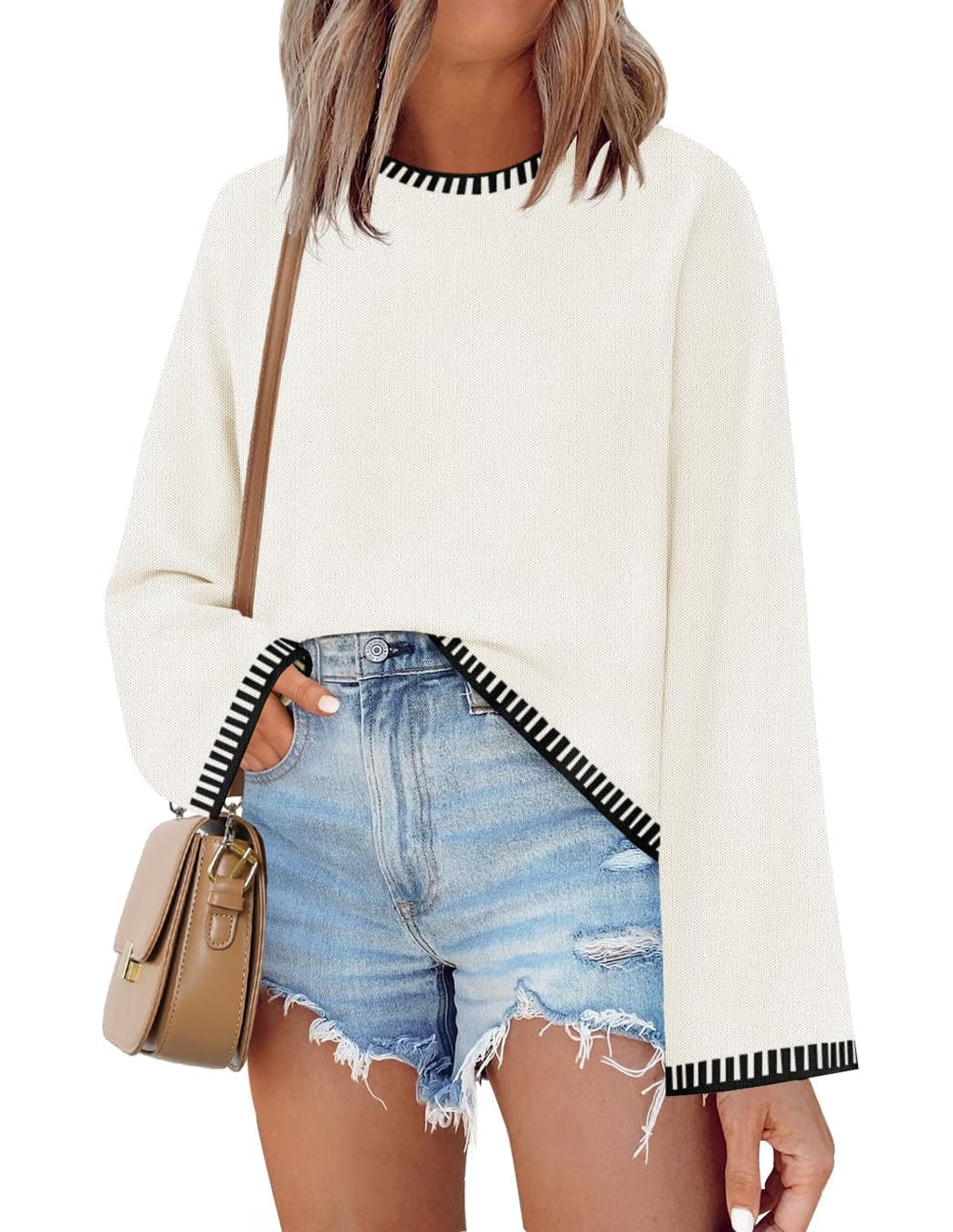 Luxuii Long Sleeve Crewneck Loose Ribbed Knit Pullover Tops