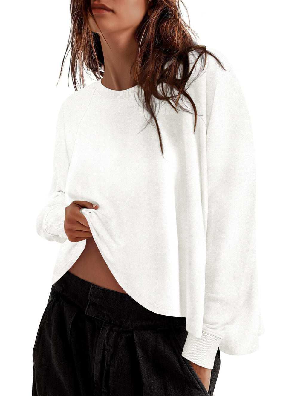 Luxuii Womens Causal Long Sleeve Lightweight Crewneck Side Slit  Shirts