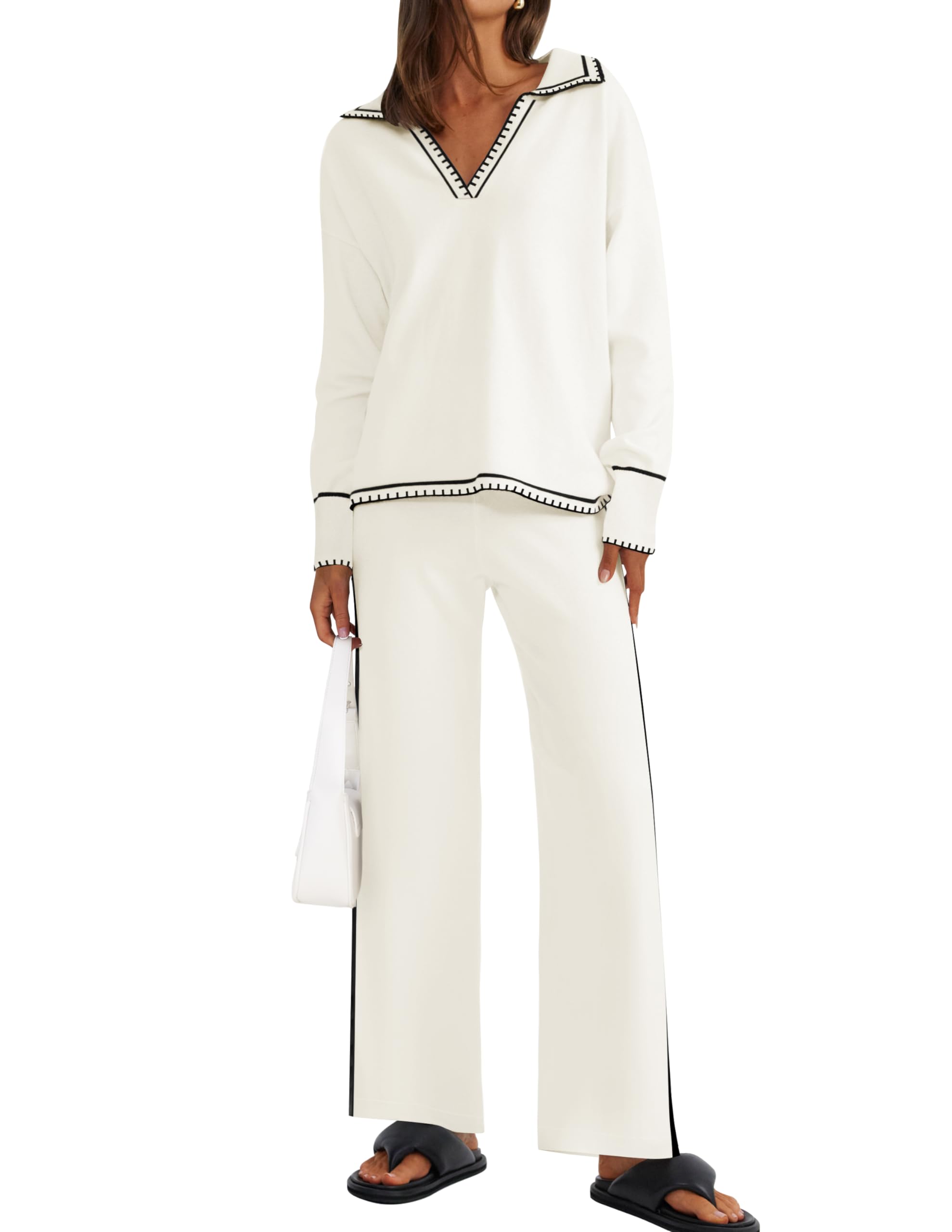 Luxuii V Neck Knit Tops Wide Leg Pants Sweatsuit Lounge Sets