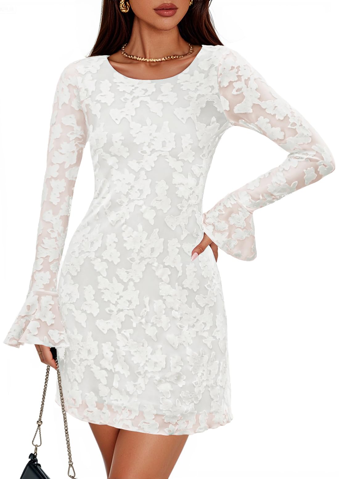 Luxuii Floral Mesh Crewneck Bodycon Cocktail Party Club Short Dress