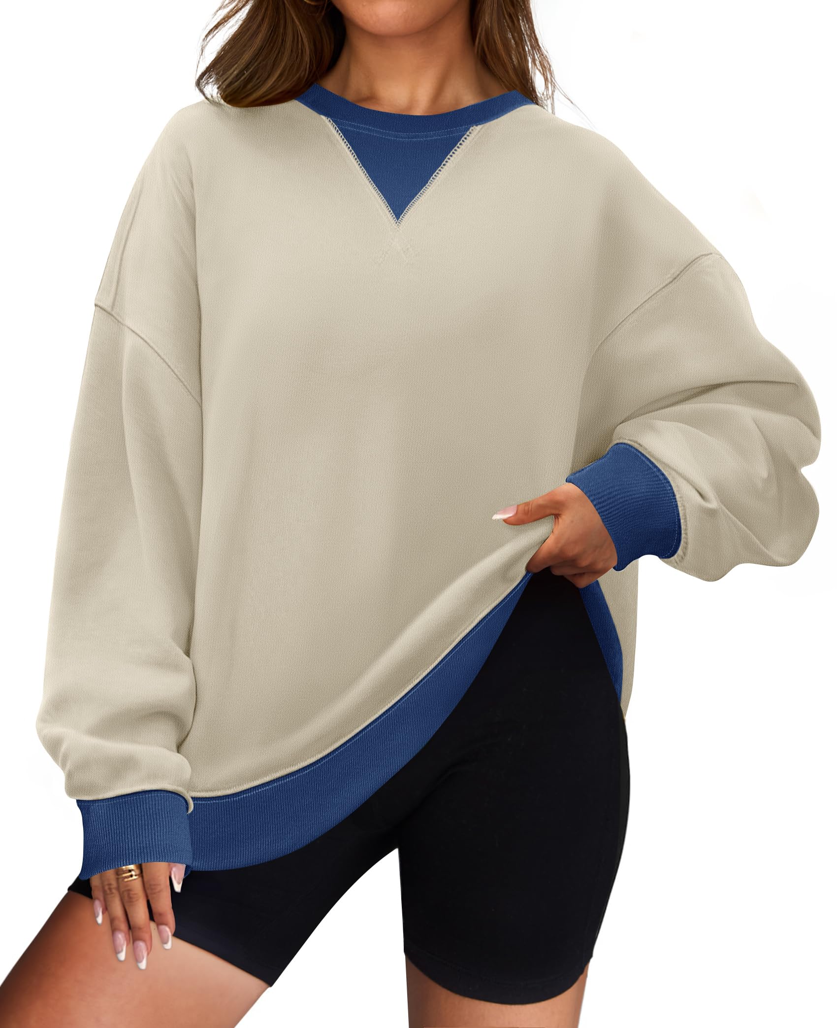 Luxuii Womens Crewneck Color Block Oversized Long Sleeve Pullover Tops Fall Clothes