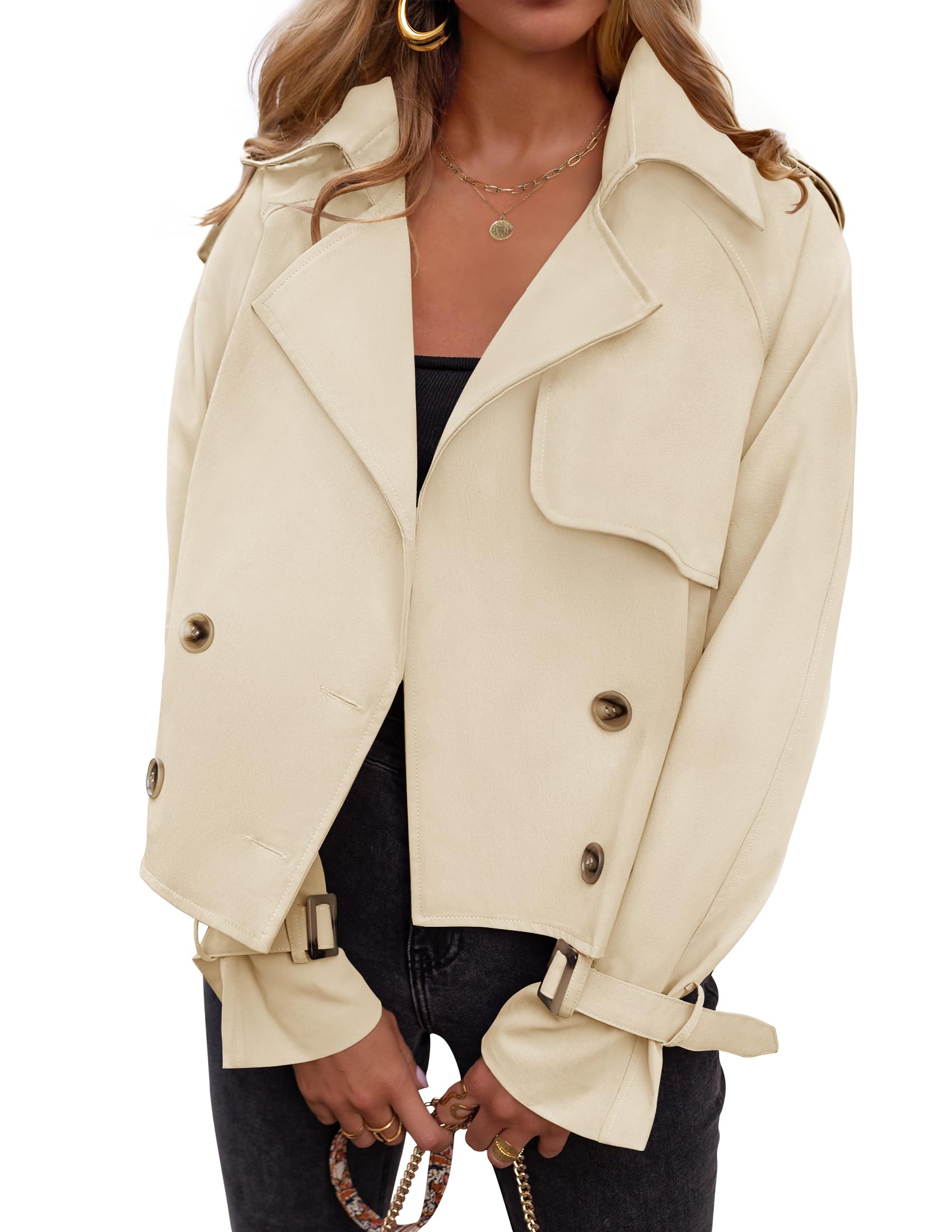 Luxuii Crop Trench Coat Lapel Double Breasted Loose Casual Jacket