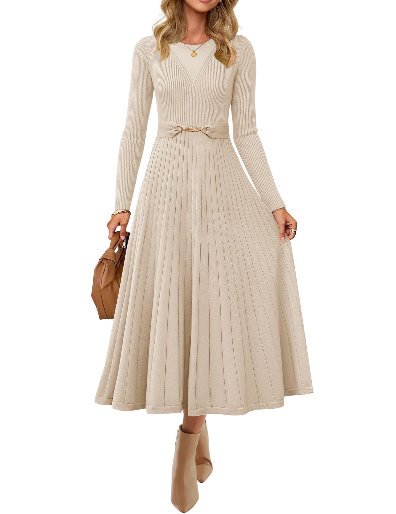 Luxuii Fall Crewneck Knit A Line Pleated Flowy Long Dresses with Belt