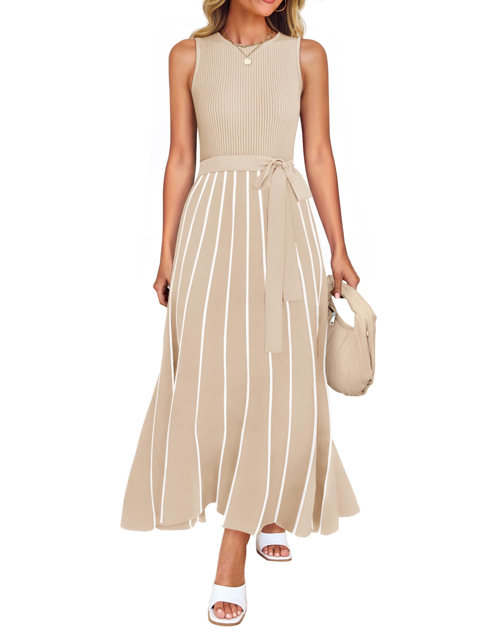 Luxuii Crewneck Ribbed Knit Tie Waist A Line Swing Dresses