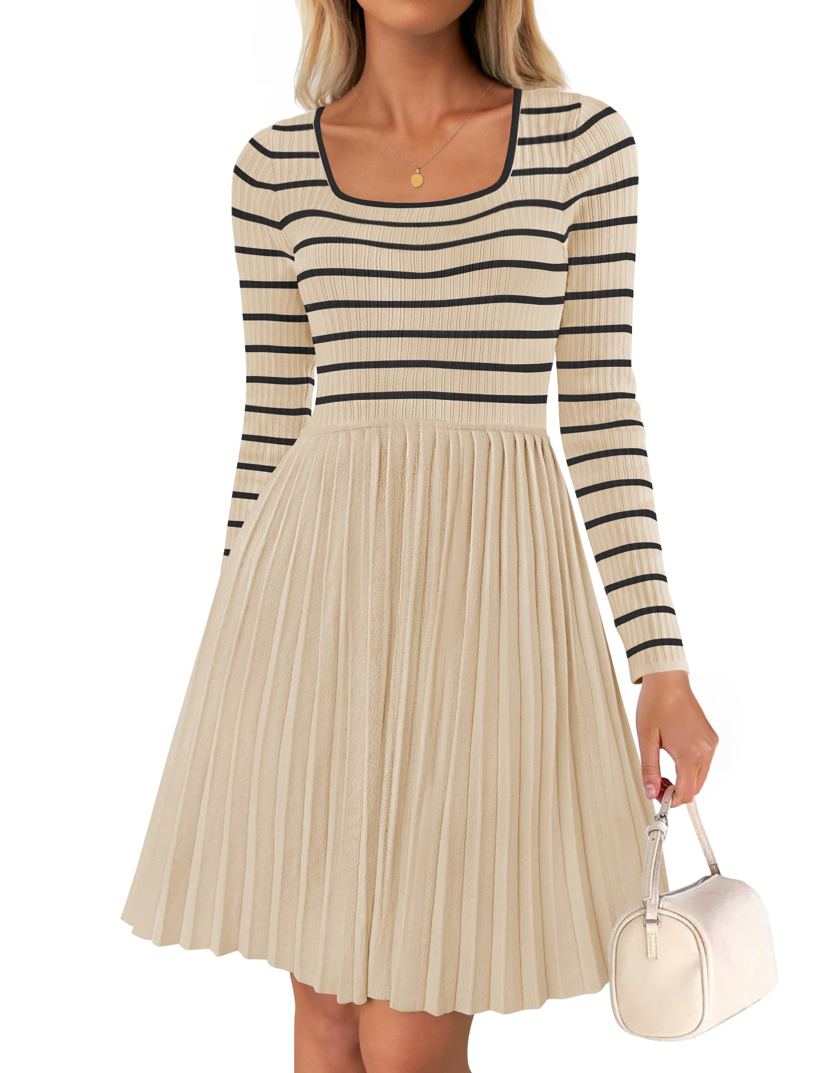 Luxuii Striped Square Neck Pleated Ribbed Knit Mini Dress