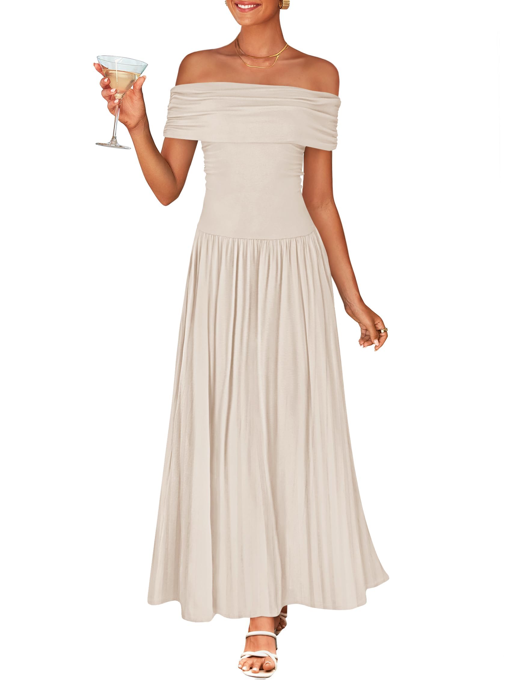 Luxuii Off The Shoulder Sleeveless Casual Slim Swing Pleated Dresses